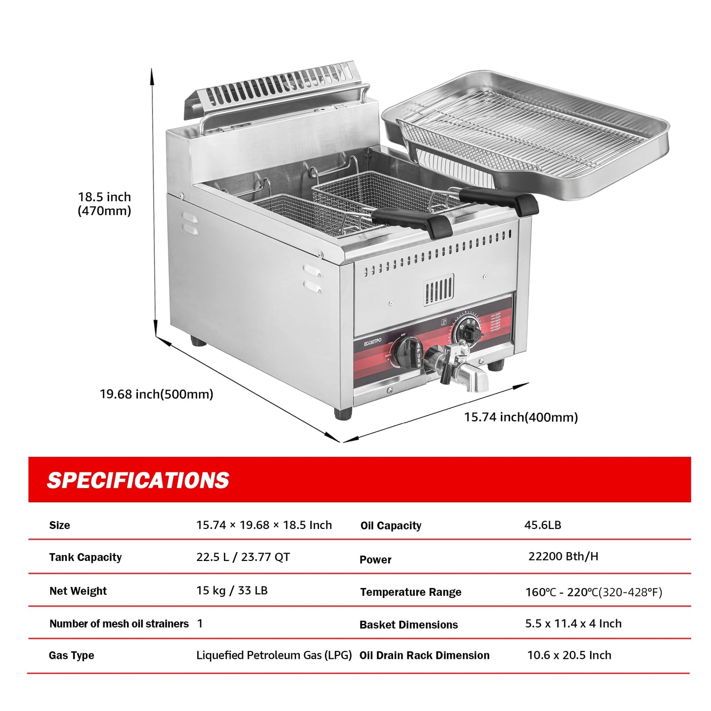 EGGKITPO 45.6LB Commercial Propane Gas Fryer with ignition 22200 BTU/h 2 Baskets Stainless Steel Oil Drain Rack Flat Lid Countertop Deep Fryer with Temp Control and Valve for Food Truck Restaurant