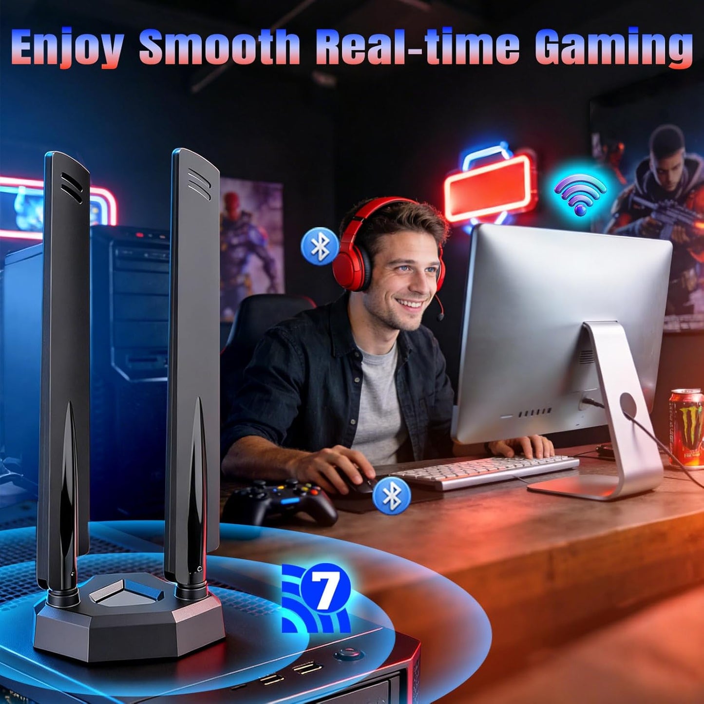 Eightwood 7 6GHz 5GHz 2.4GHz 7 WiFi Antenna Tri-Band RP-SMA Antenna with Magnetic Base for PC Desktop Computer Gaming