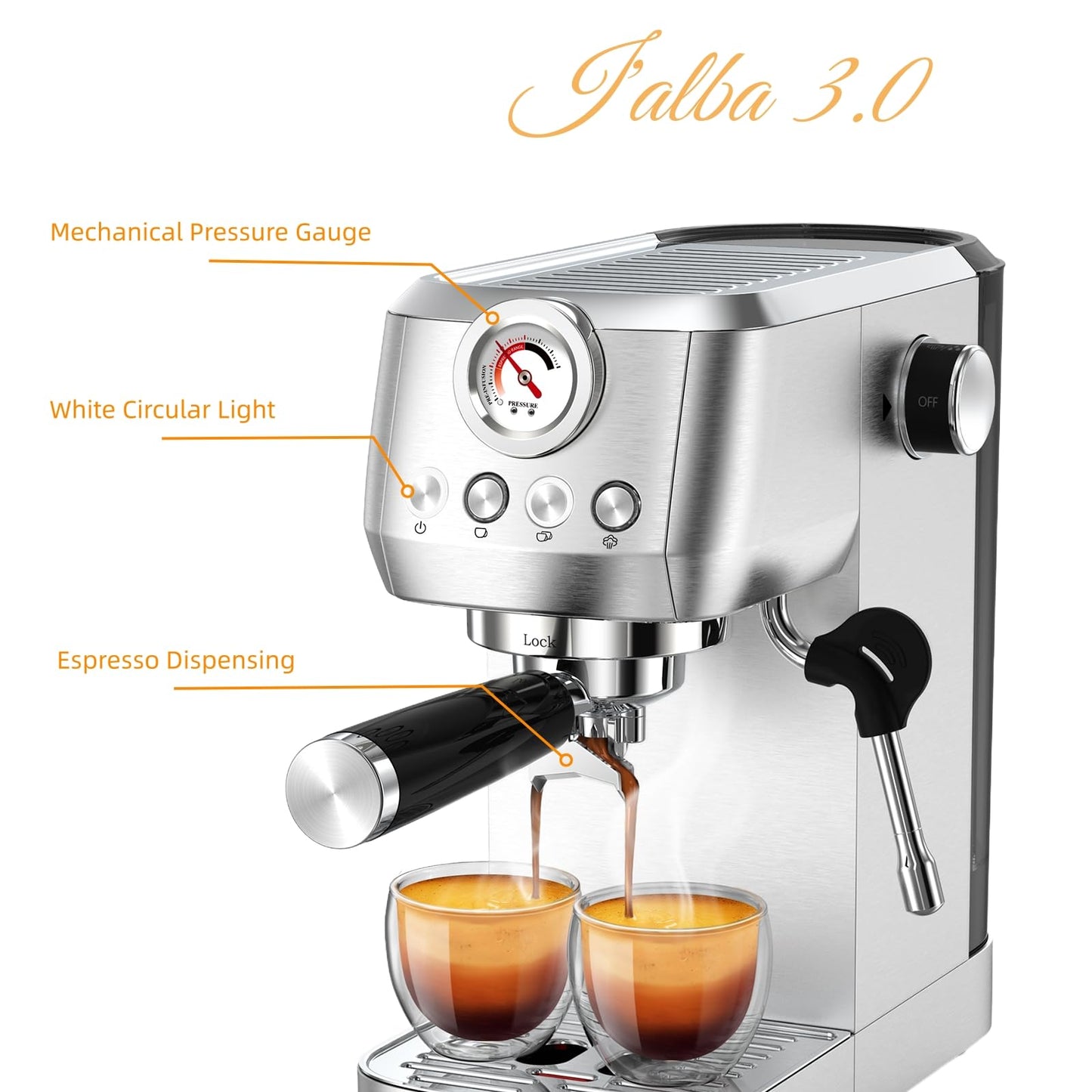 MAttinata Espresso Machine 20 Bar, Espresso Coffee Maker with Professional Milk Frother Steam Wand for Cappuccino & Latte, 49oz Removable Water Tank for Home, Stainless Steel