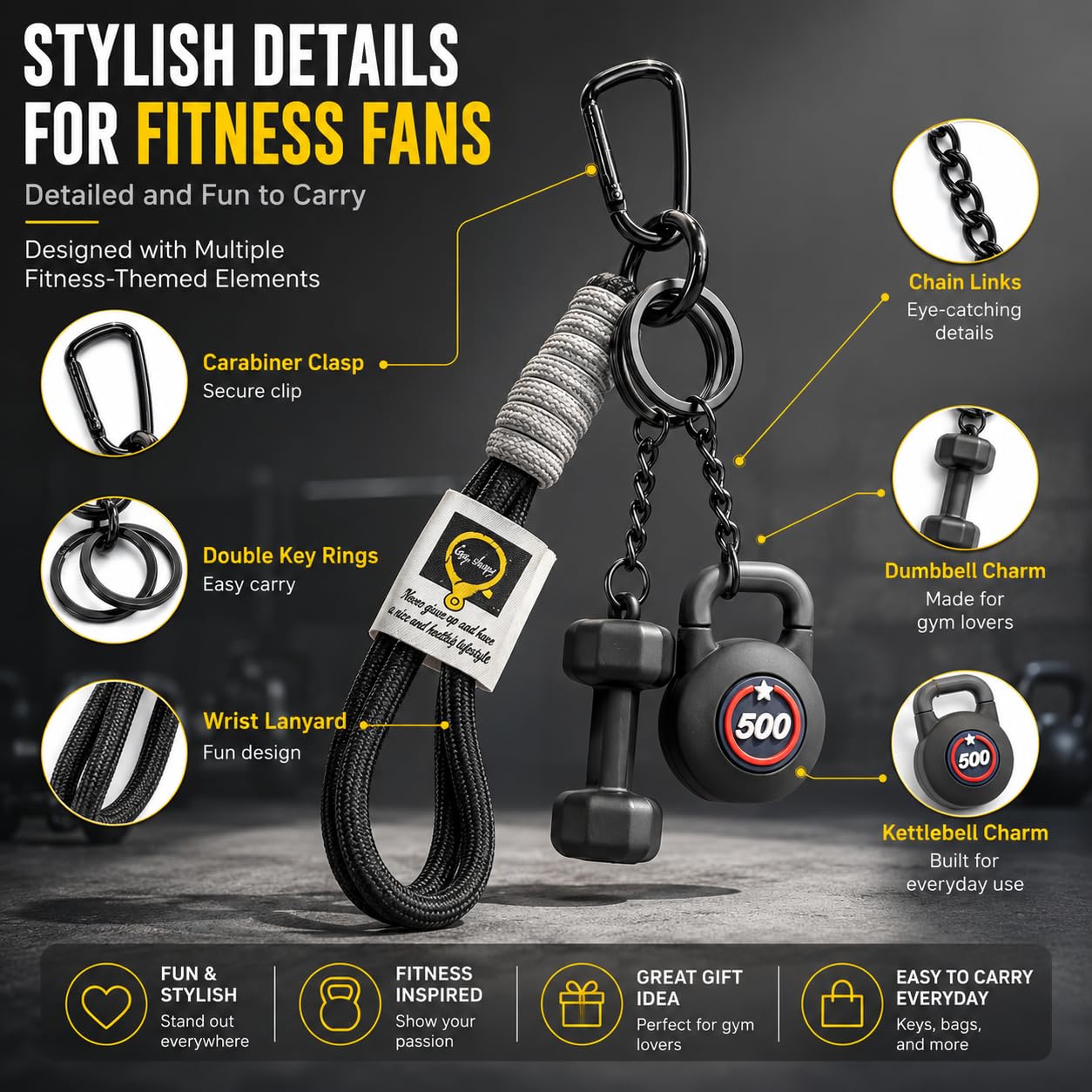 Exodmx Fitness Dumbbell & Kettlebell Keychain - Cute Mini Charm for Gym Lovers, Car/Bag/Purse Accessory (Gift for Men & Women)-black