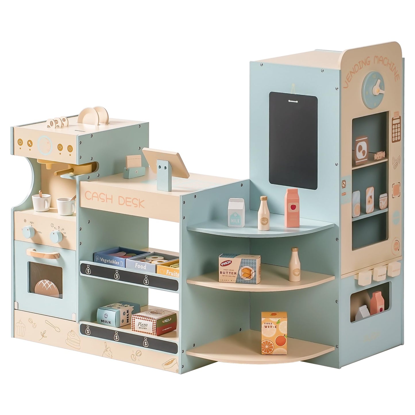 ROBOTIME Wooden Grocery Store Playset for Kids, Pretend Supermarket with Cash Register and Vending Machine, Grocery Toy Set for Toddler Boys and Girls