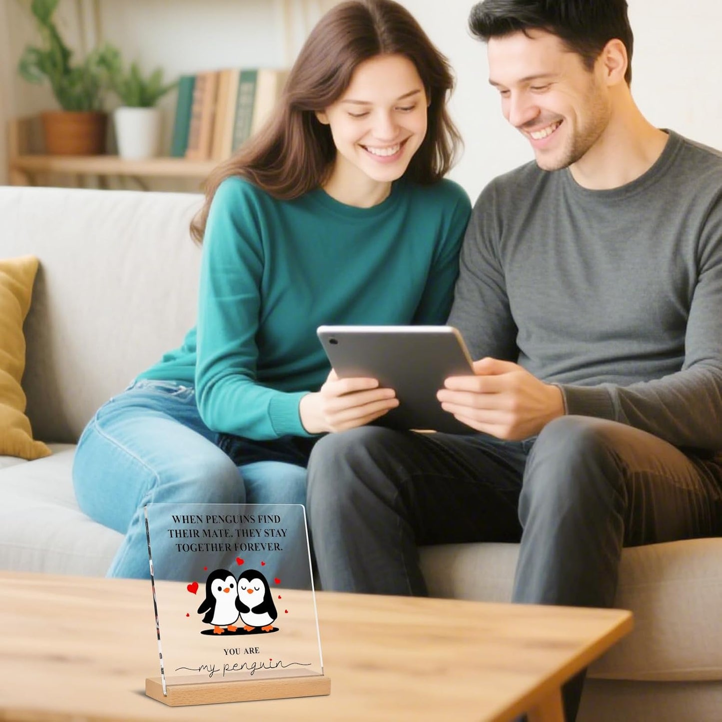 Romantic Penguin Acrylic Plaque - 5.9x5.9 Inch Clear Decor for Home & Office | Perfect Gift for Couples