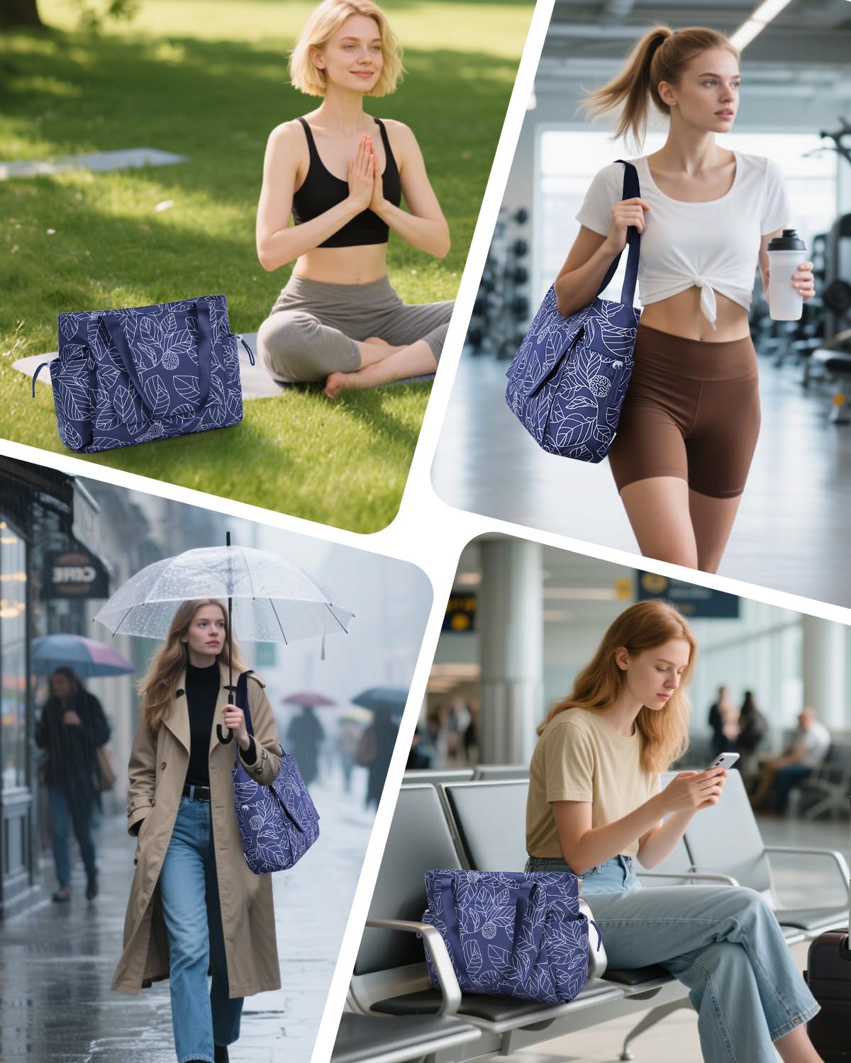 sportsnew Yoga Mat Bag Tote Yoga Gym Bag For Women Men with Waterproof Wet Pocket, Navy Blue Leaves
