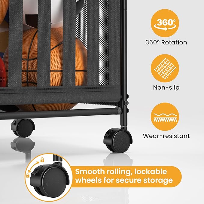 Ball Storage Bin Rolling Storage,Garage Sports Equipment Organizer,Outdoor Toy Box, Gym and Schools, Garage Organization,Can Store basketballs, Footballs and Sports Equipment.(Black)