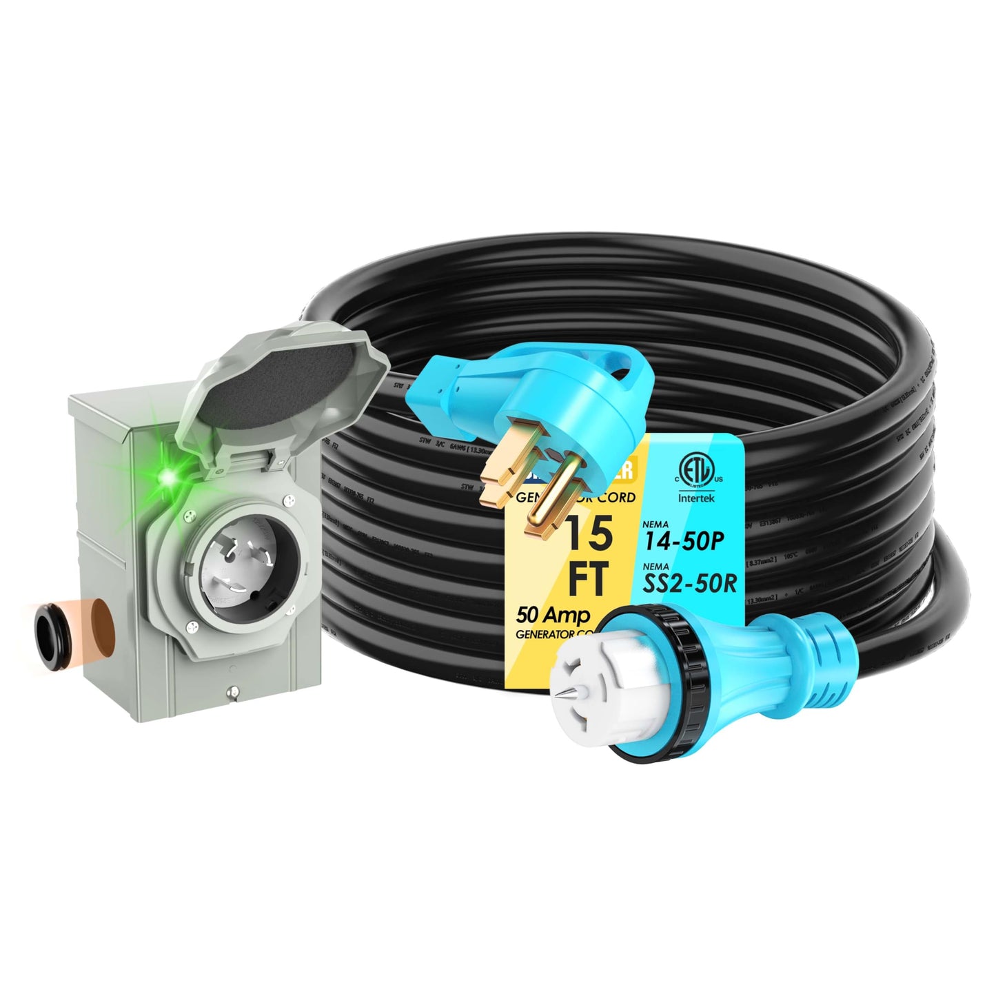 CircleRiver 50 Amp 15Feet Generator Cord and Power Inlet Box Combo Kit NEMA 14-50P Male to SS2-50R STW 6/3+8/1 AWG 125/250V Twist Locking with Inlet Box for Generator to House