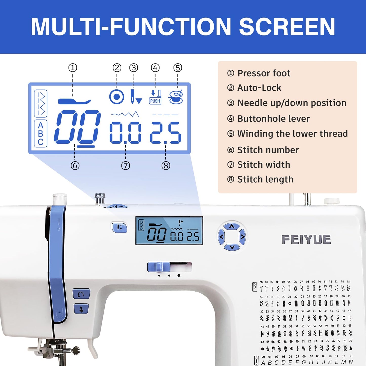 FEIYUE FY600 Electronic Sewing Machine for Beginners, 146 Built-in Stitches, LCD Display, Automatic Needle Threader, Adjustable Speed, Free Arm, 100-240V 70W