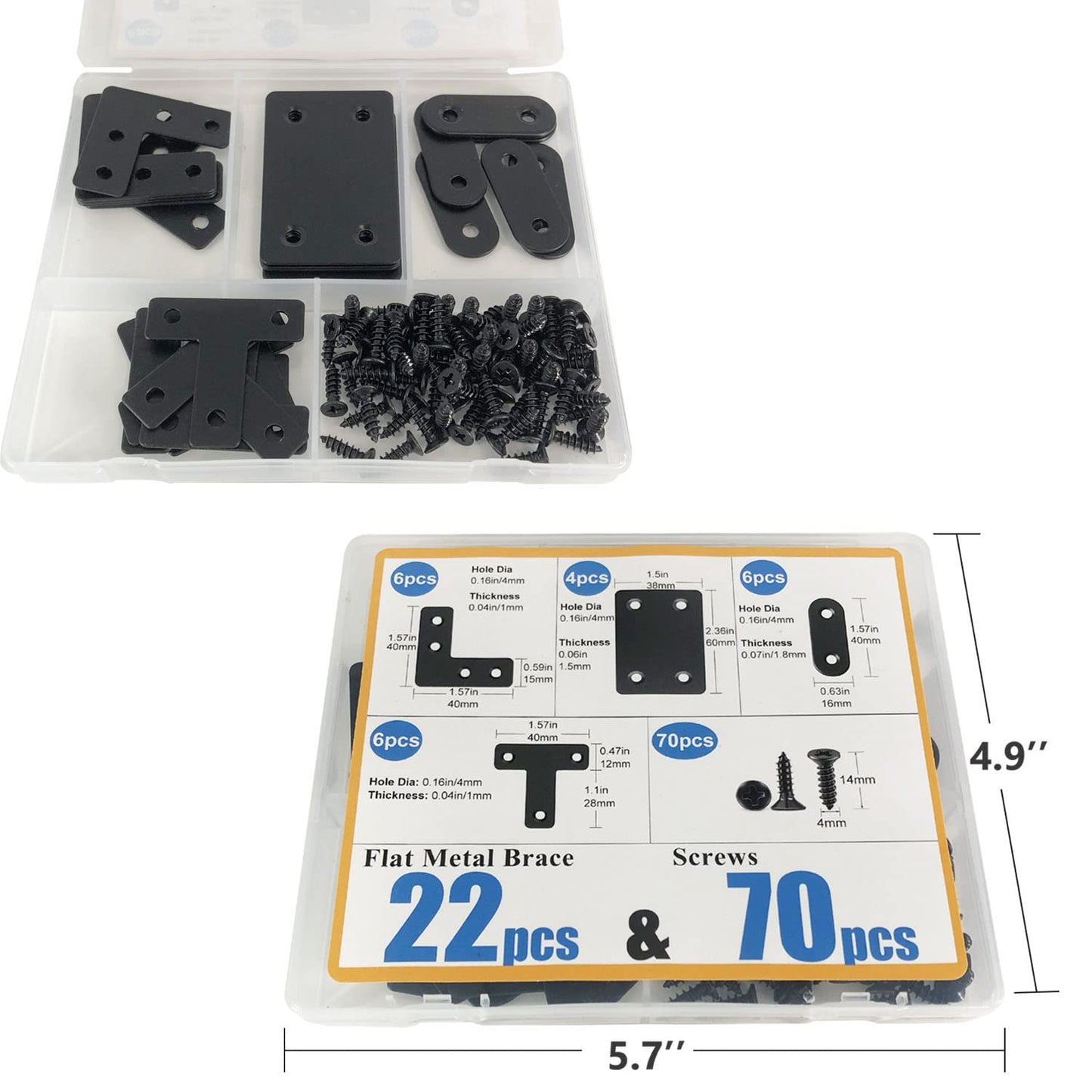 QSJ 22 Pack Straight Brace Stainless Steel Black Flat Brace Straight Corner Braces Straight Brackets Metal Flat Straight Mending Plates with Screws