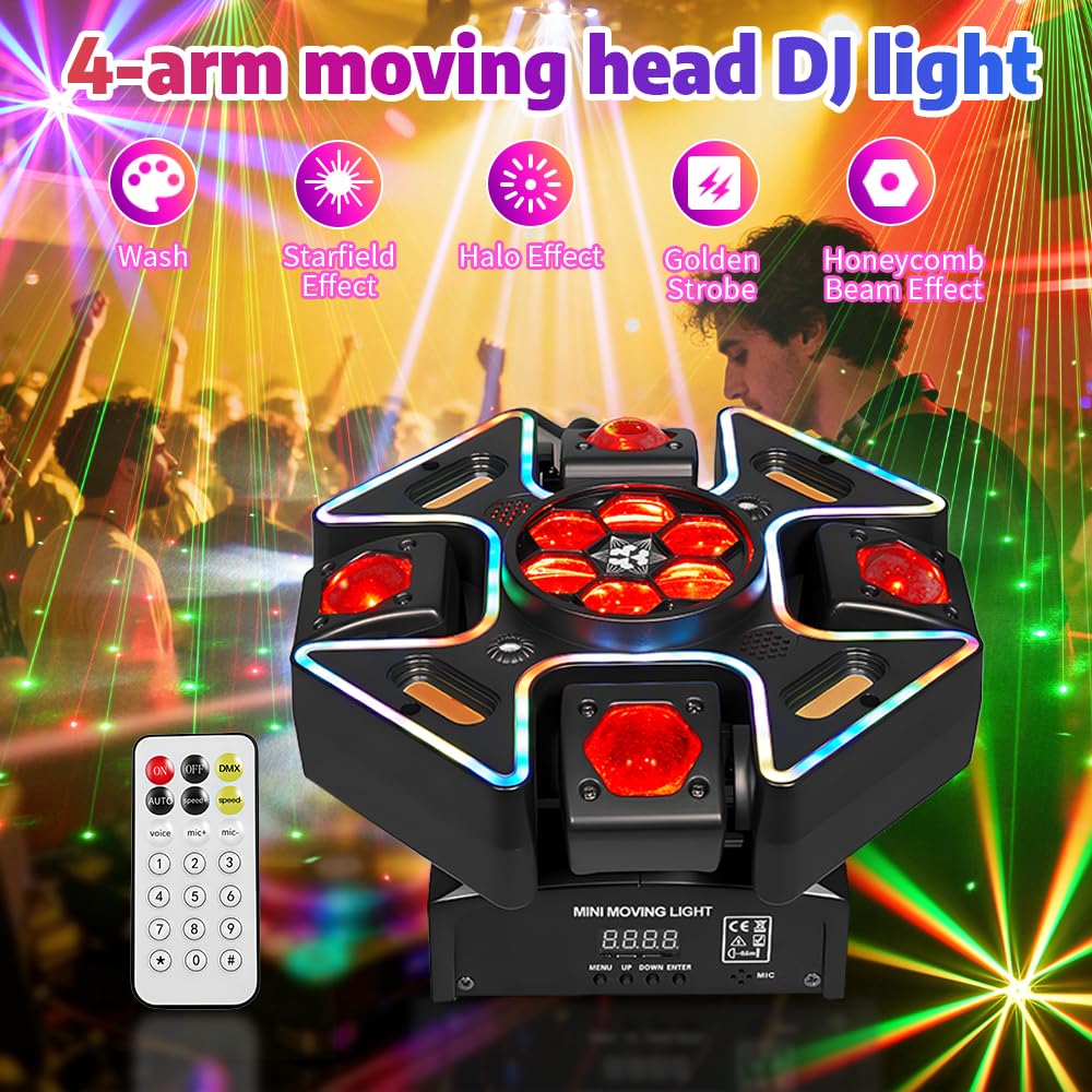 MINGJIE 4 Arm Moving Head DJ Lights, 150W RGBW LED Stage Lighting with Strobe & Bee-Eye Effect, Red/Green Starlight, DMX512,Remote Control,Sound Activated, 540°Rotation for Parties,Clubs,Disco,Bar