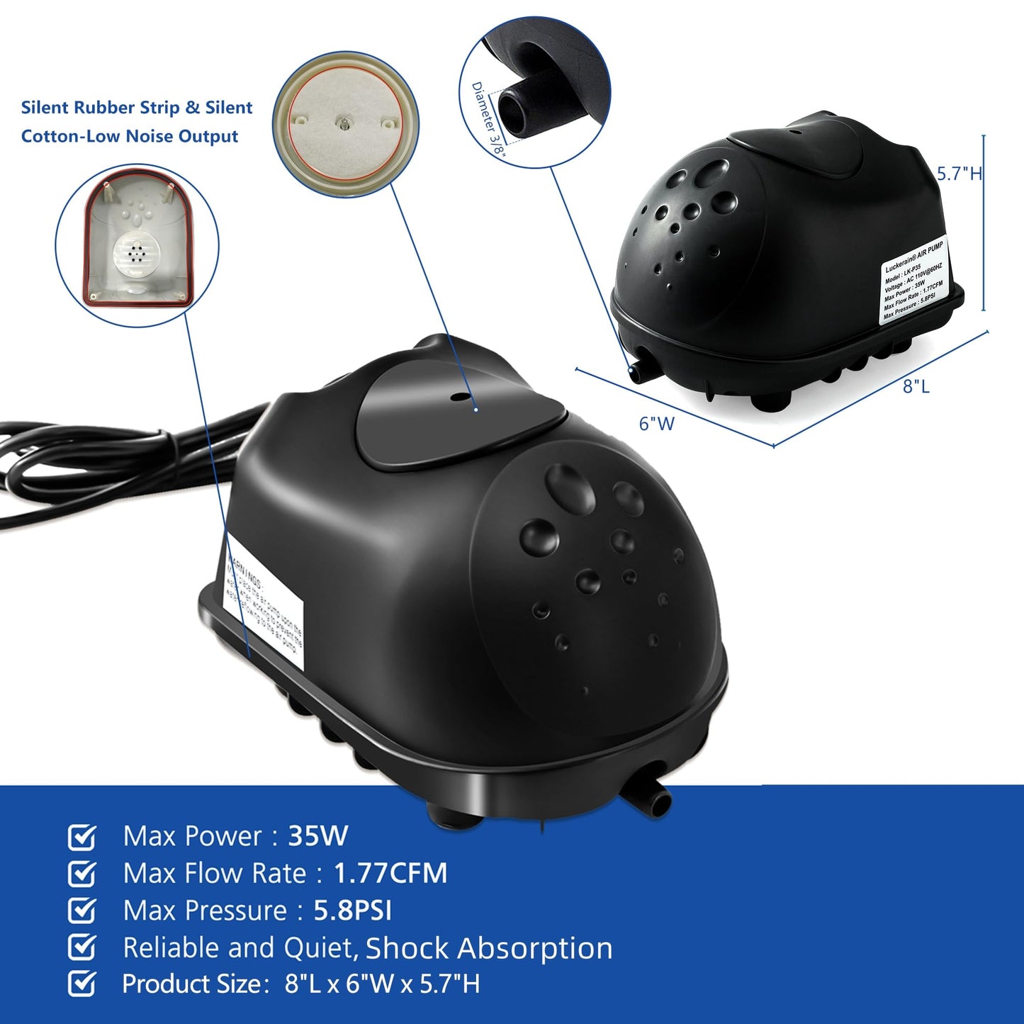 Luckerain Pond Aerator 8000 Gallons Koi Pond Air Pump, Aerators for Outdoor Ponds,Air Pump with Weighted Air Line and Submersible Diffuser Stick