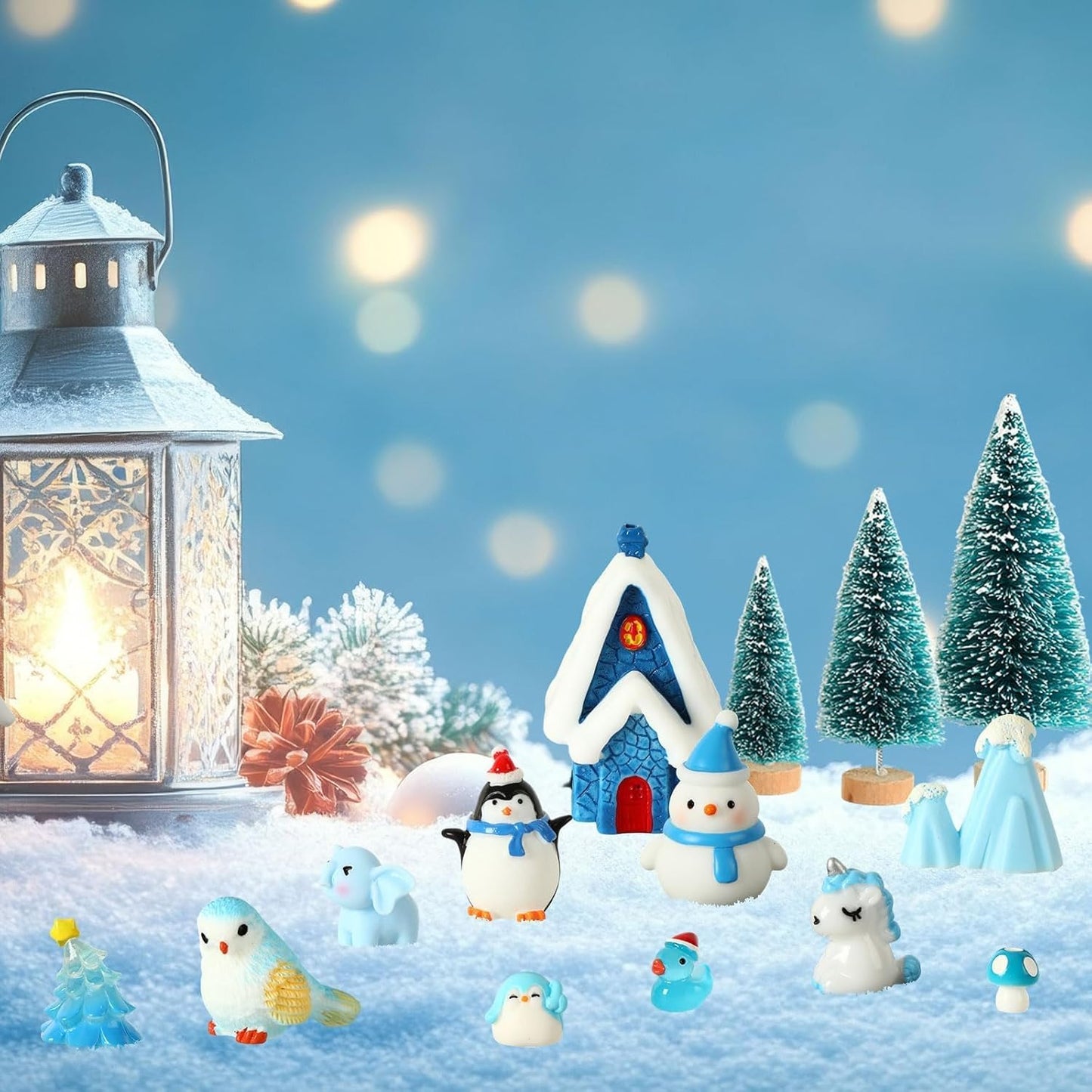 PETKNOWS Miniature Winter Figurines - Blue Theme Ice Cube Ornaments for Christmas Desktop Decor
