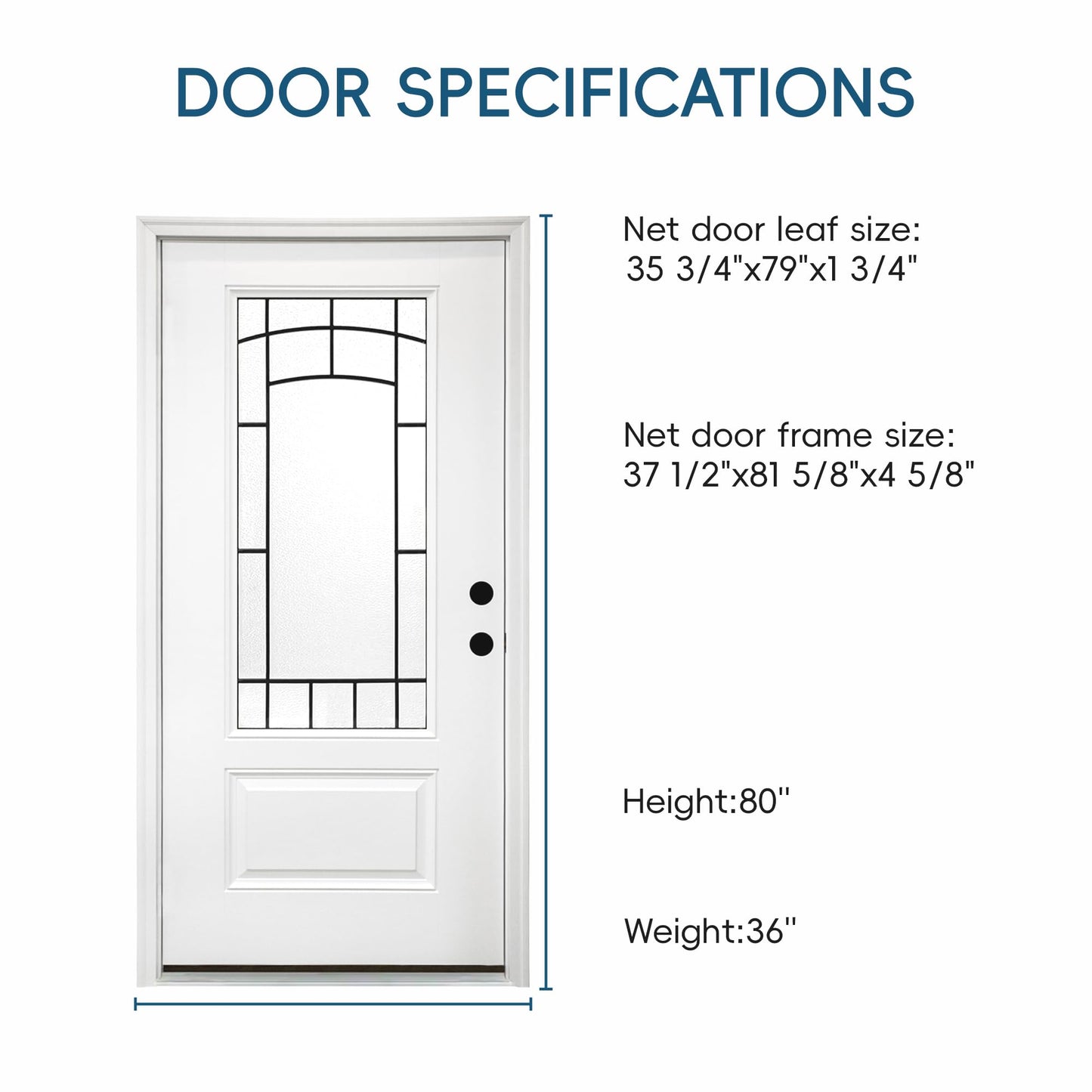 Casaphoria 36" x 80" Fiberglass Entry Door with White 4-9/16" Vinyl Frame,Left Hand Inswing Exterior Door with Brickmould, 3/4 View Wrought lron Glass Knock-Down Front Door for Home Entrance, White