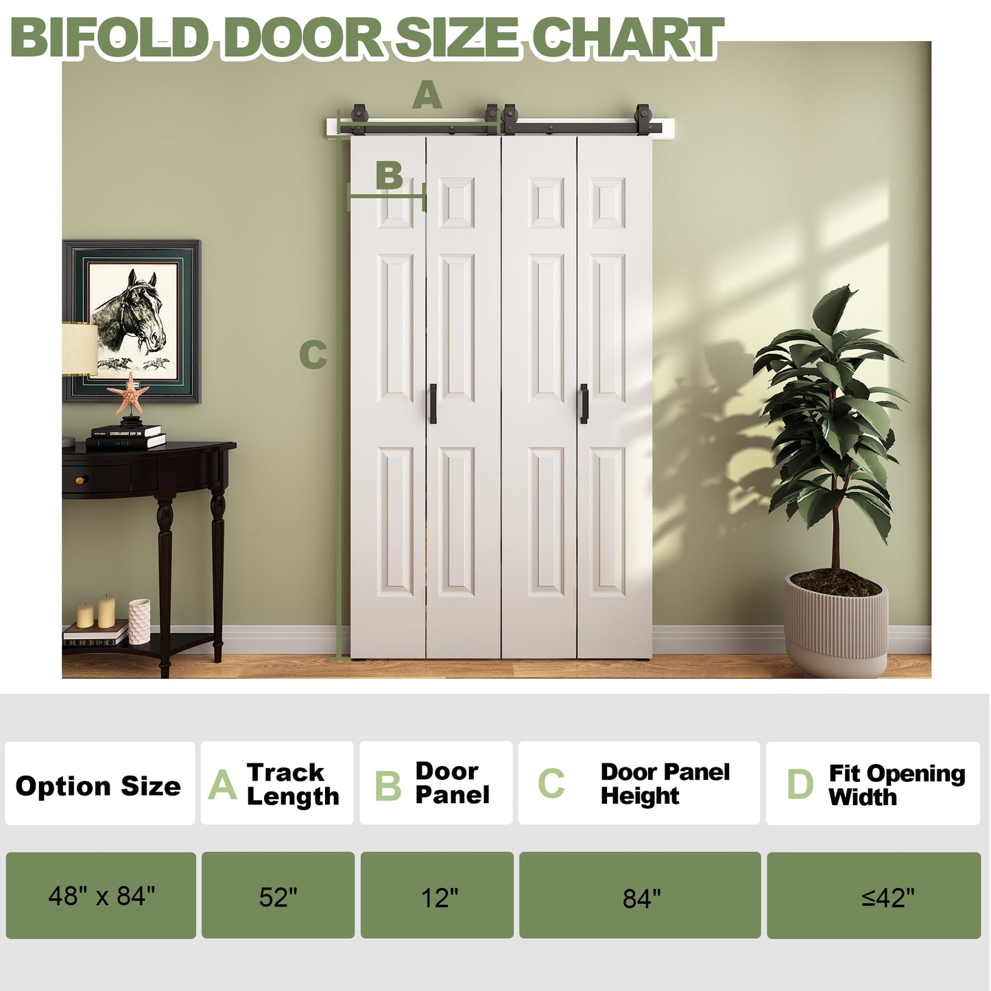 JUBEST 48"x 84" Bifold Barn Door, 6 Panel Bifold Sliding Barn Doors with 4.3FT Hardware Kit Included, Primed Doors Surface, Hollow-core & MDF Molded Panel, Four 12" x 84" Door Panels, DIY Available