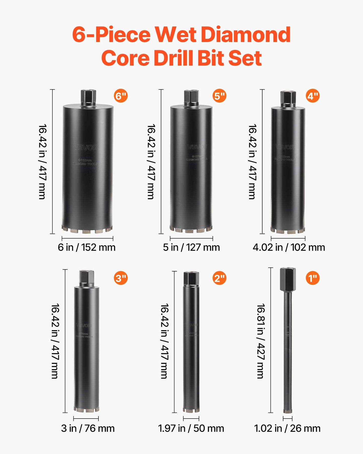 VEVOR Core Drill Bit, 6 Pieces, 1/2/3/4/5/6 inch Diameter, 14 inch Drilling Depth, 1-1/4 in-7 Internal Thread, High-Precision Welding, Wet Diamond Core Bit for Reinforced Concrete, Bricks, and Masonry