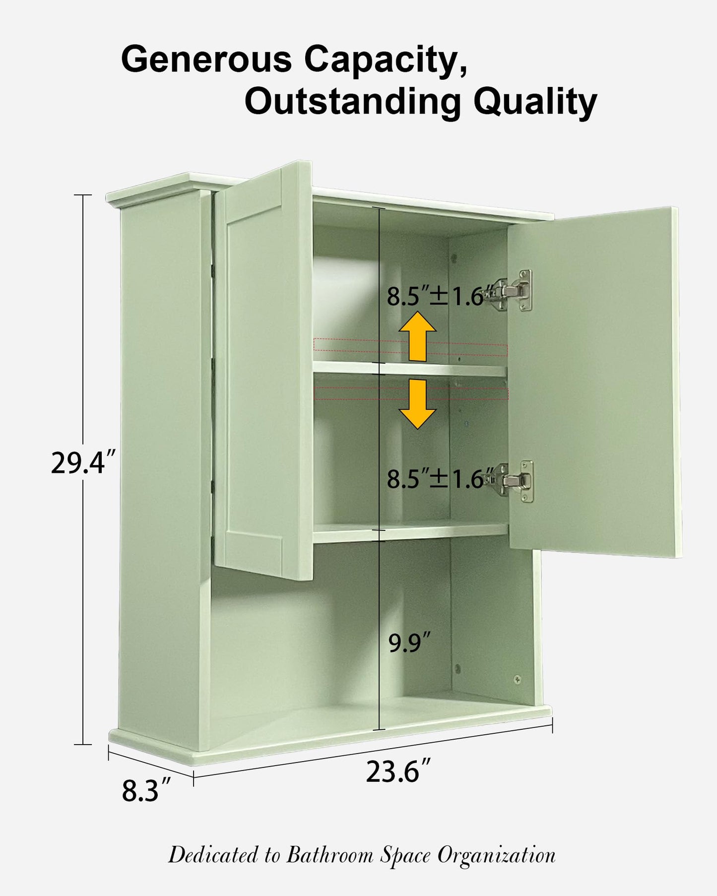 VIMYFAMY Bathroom Cabinet Wall Mount Buffering Hinge,23"x29" inch Over Toilet Storage Cabinet and Adjustable Shelves, Large Space Wooden Medicine Cabinet (Light Green)