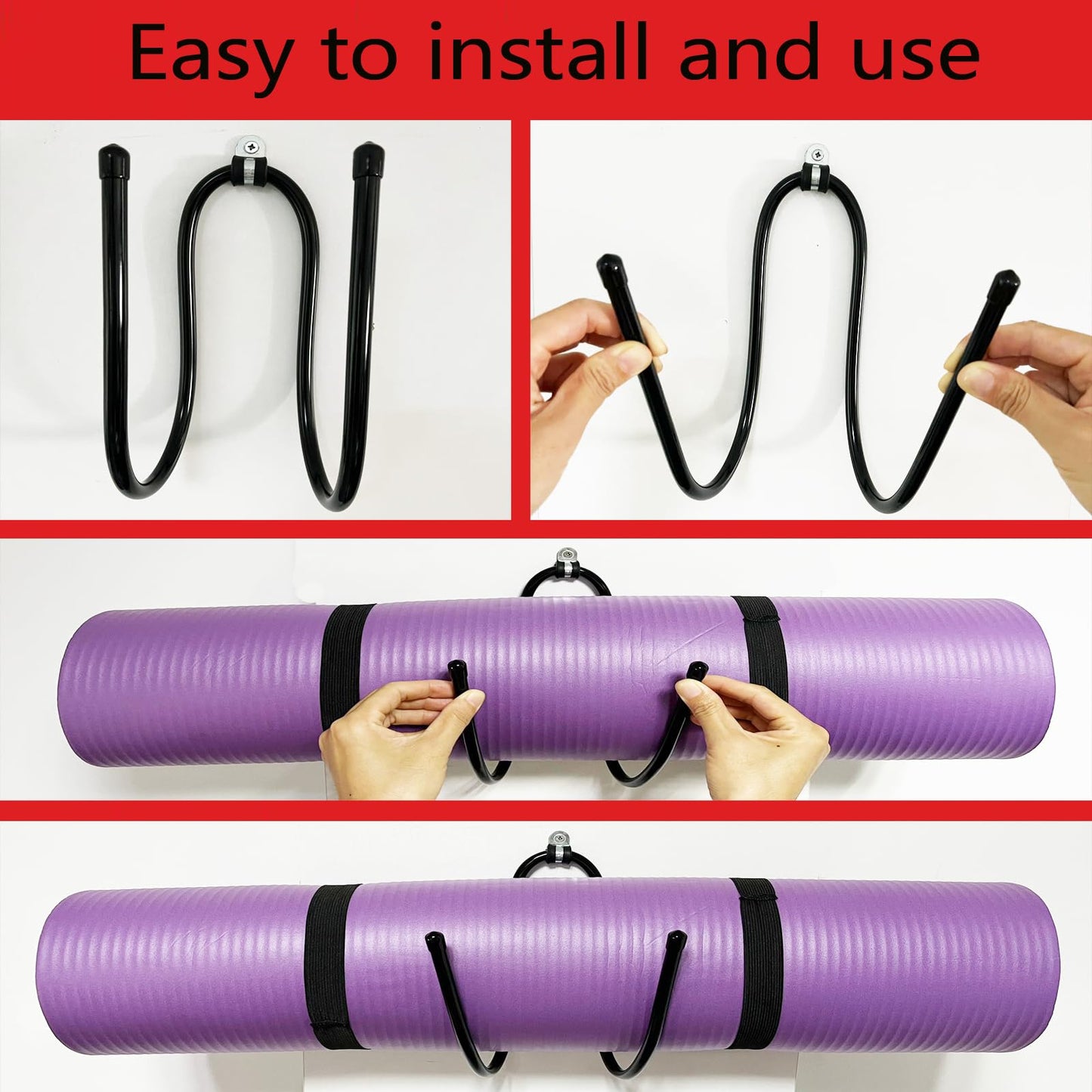 Upgraded large Yoga Mat Holder Wall Mount, Metal Storage Rack for Yoga Mat/Wheels, Foam Roller etcs, Wall Rack Organizer Hooks for Hanging Stretching Strap & Resistance Bands, Yoga Room/Home Gym Decor