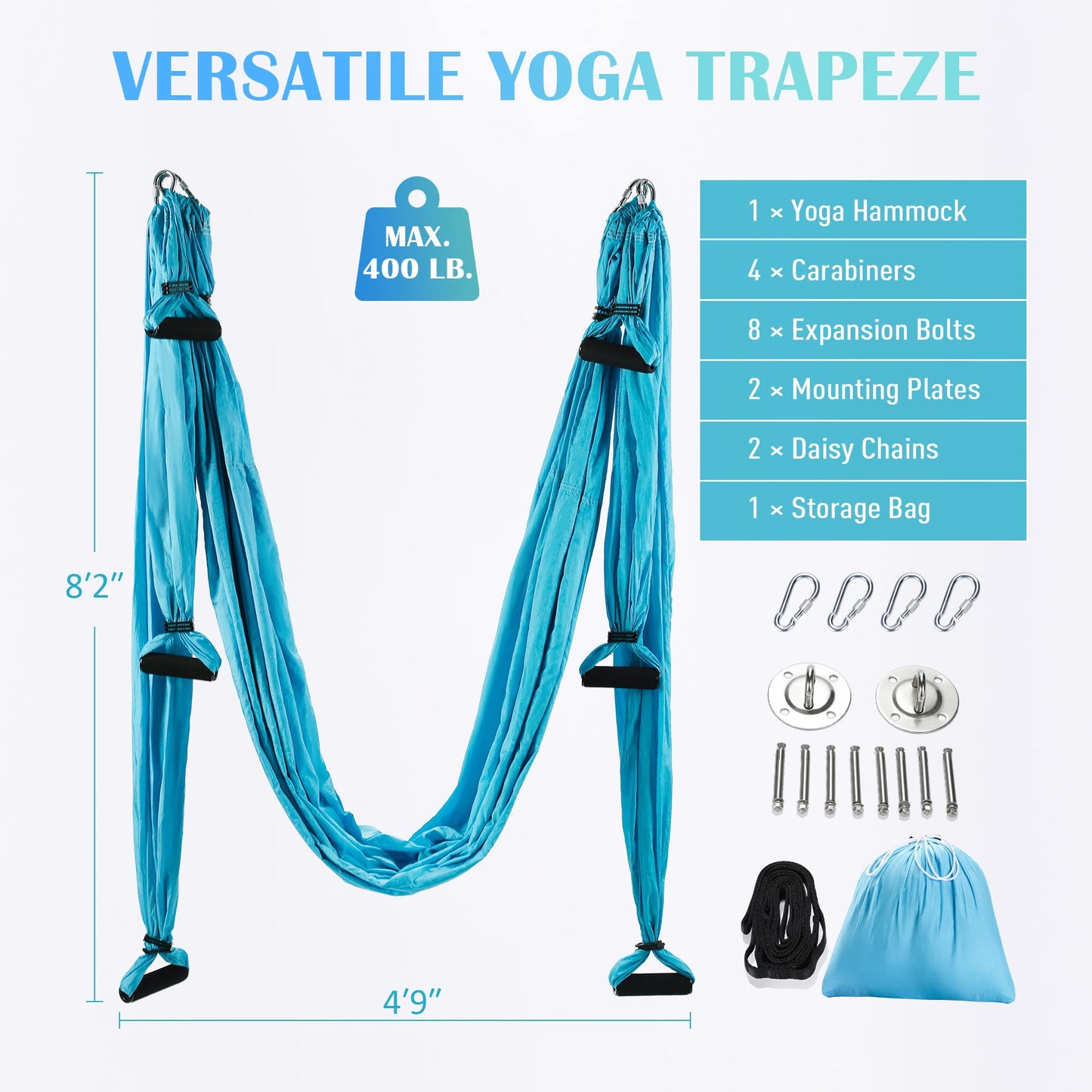 ZELUS Aerial Yoga Swing Sling Strong Yoga Hammock Kit Set Trapeze Inversion Equipment Include 2 Extensions Straps and Ceiling Mounting Kit (Blue)