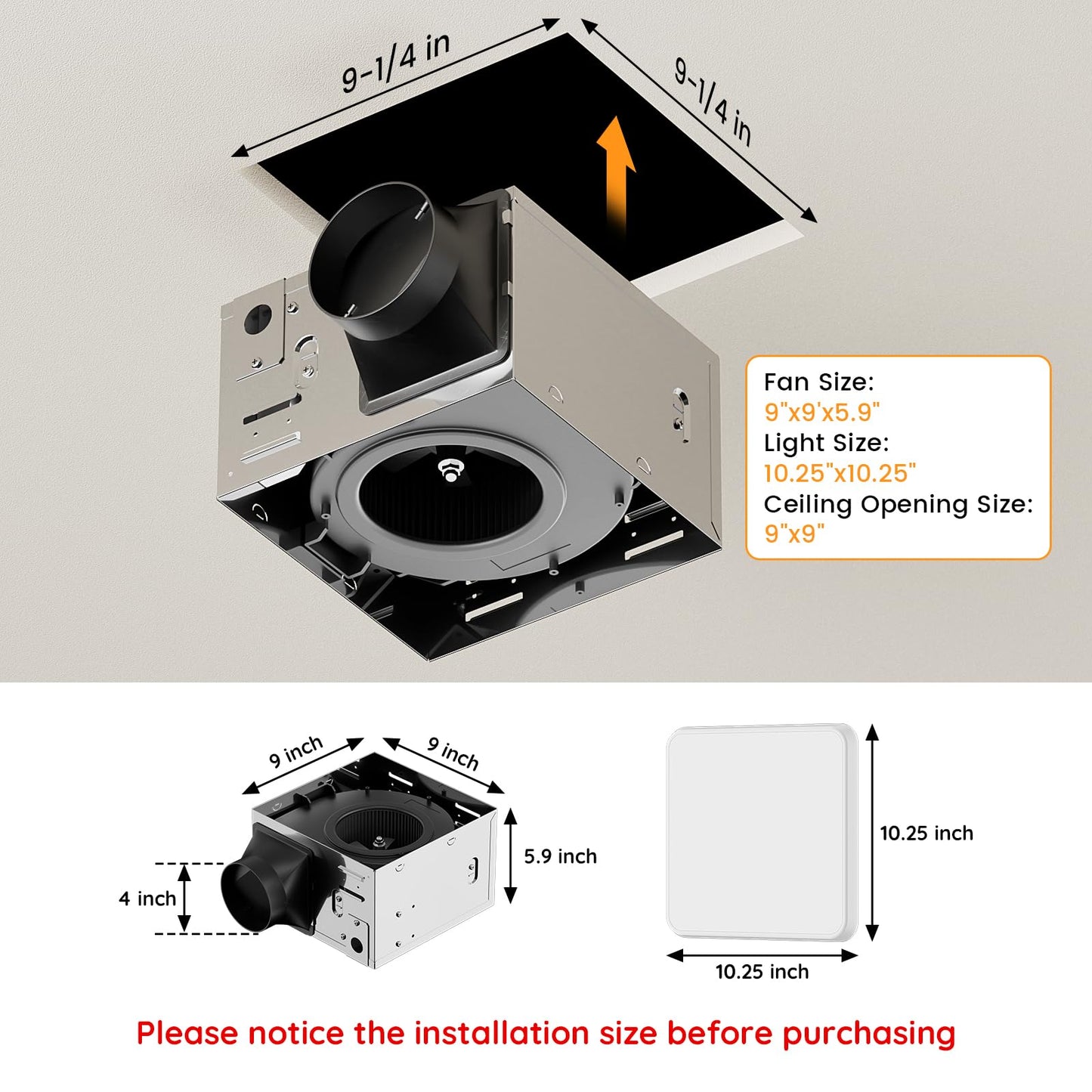 Fitop Bathroom Exhaust Fan with Light, 130 CFM & 1.5 Sones Bathroom Vent Fan, Nightlight & 1300LM LED Light 2700K/4000K/6500K, Light Memory Function, ETL Certified – White, 9 Inch
