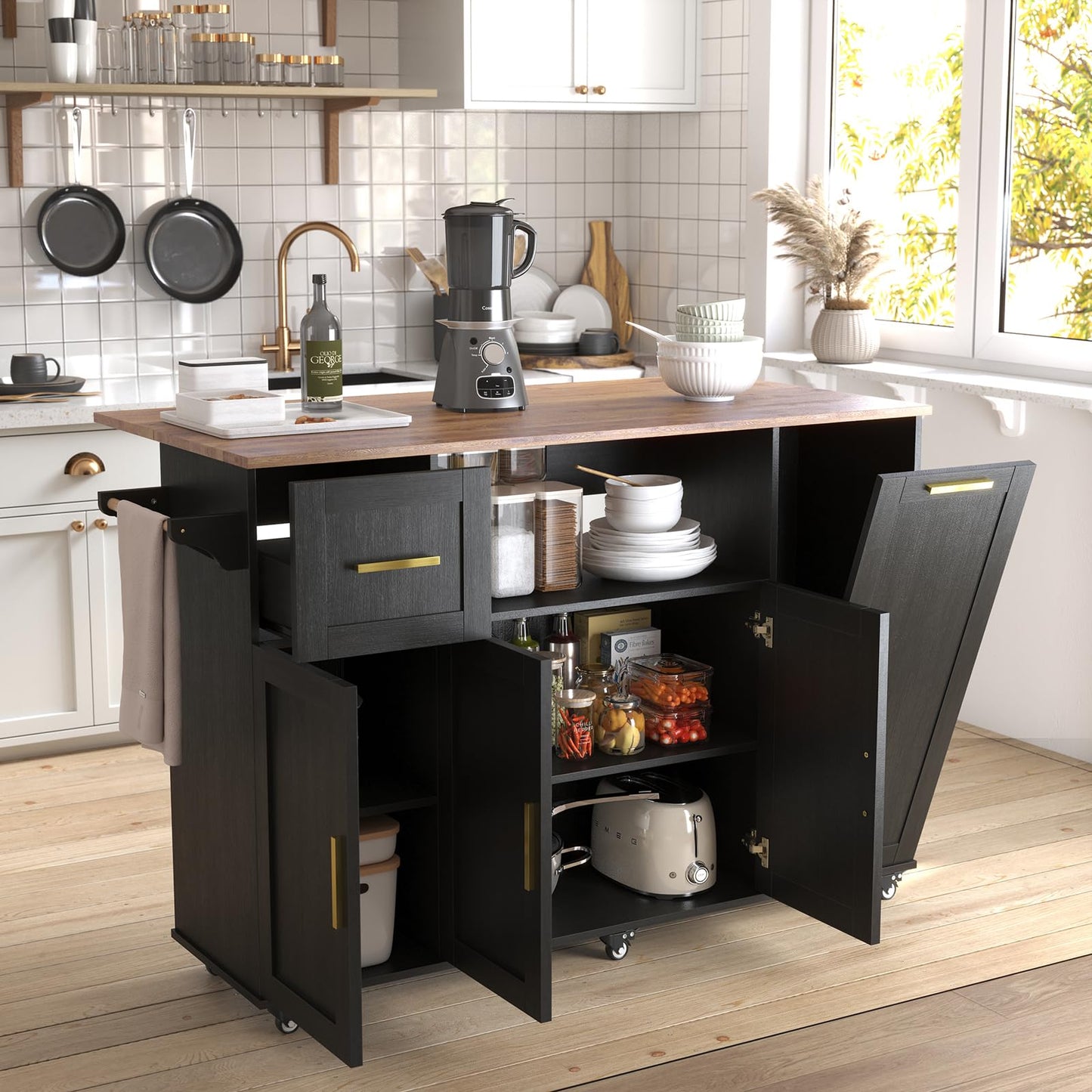 FFIQQ 59 Inch Large Mobile Kitchen Island Cart with Drop Leaf, 2 Cabinets, Drawer, Extra Counter Space & Trash Bin Storage, Rolling Portable Prep Table for Kitchen, Black, Particleboard