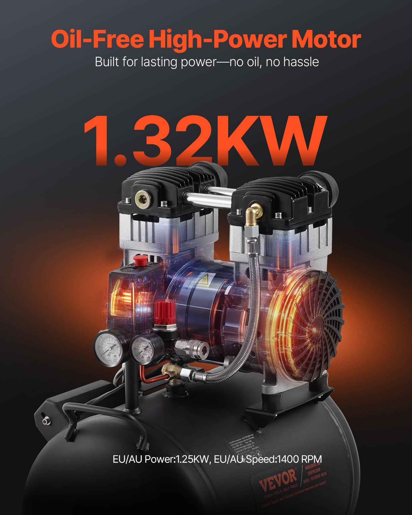 VEVOR Air Compressor, 10 Gallon Steel Tank, 2HP 5.3 CFM@90 PSI Oil Free Air Compressor & Max. 125PSI Pressure, 78dB Ultra Quiet Portable Compressor, for Auto Repair, Tire Inflation, Spray Painting
