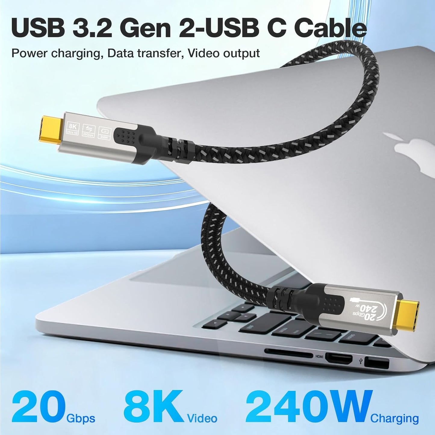 CABLAPTOP 10ft,3.2 2x2 Cable,4K@144Hz/60Hz,8K@30Hz Cable,20Gbps Charging,240W 17 16Pro CABALPTOP usb c to usb c cable