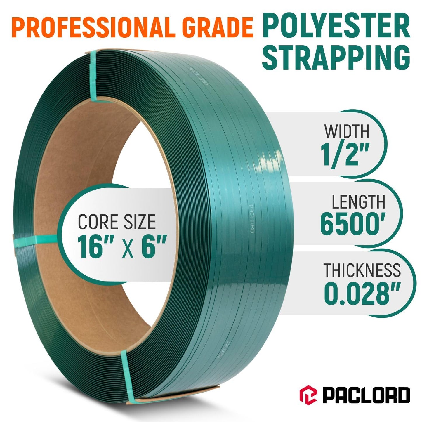 Paclord 1/2" x 6500' Industrial-Grade Polyester (PET) Strapping Coil, 0.028" Thickness, 16" x 6" Core, 820 lbs Break Strength - Green Pallet Banding Strap – Excellent Weather Resistant