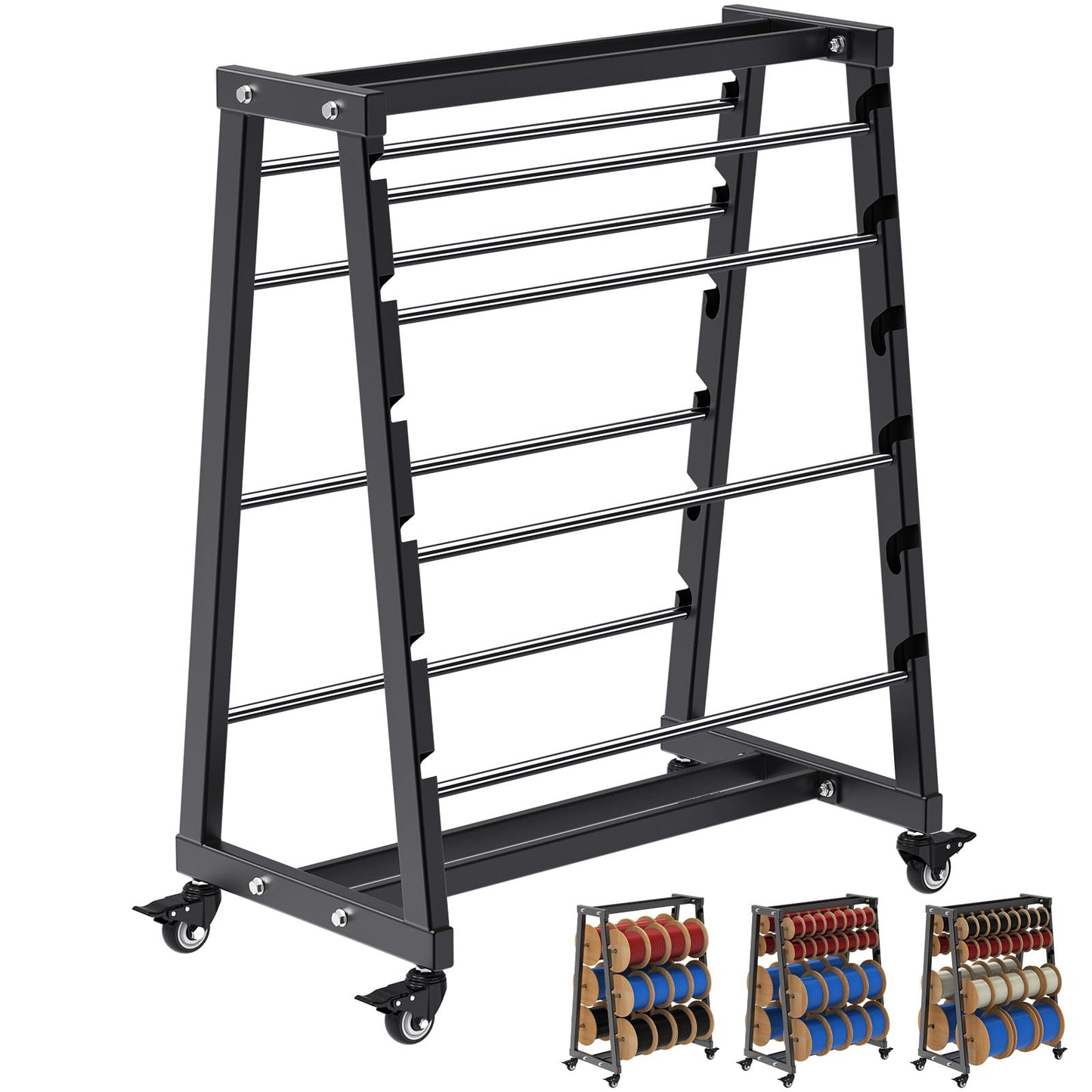 SELEWARE Heavy-Duty 8-Rod Wire Spool Rack – 400lb Capacity Cable Caddy & Dispenser with Locking Wheels, Adjustable Spool Rods for Electrical, Industrial & Retail Use