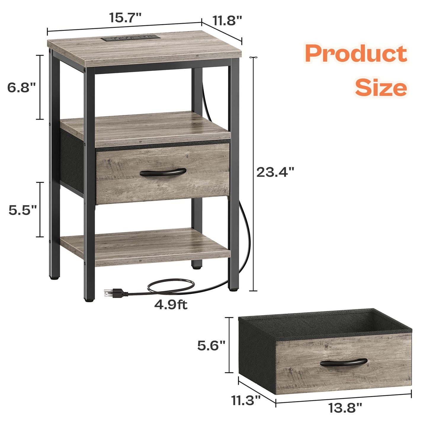 SUPERJARE Nightstand with Charging Station, Bed Side Table with Adjustable Fabric Drawer, Night Stand for Bedroom, 3-Tier Storage End Table, for Living Room, Oak