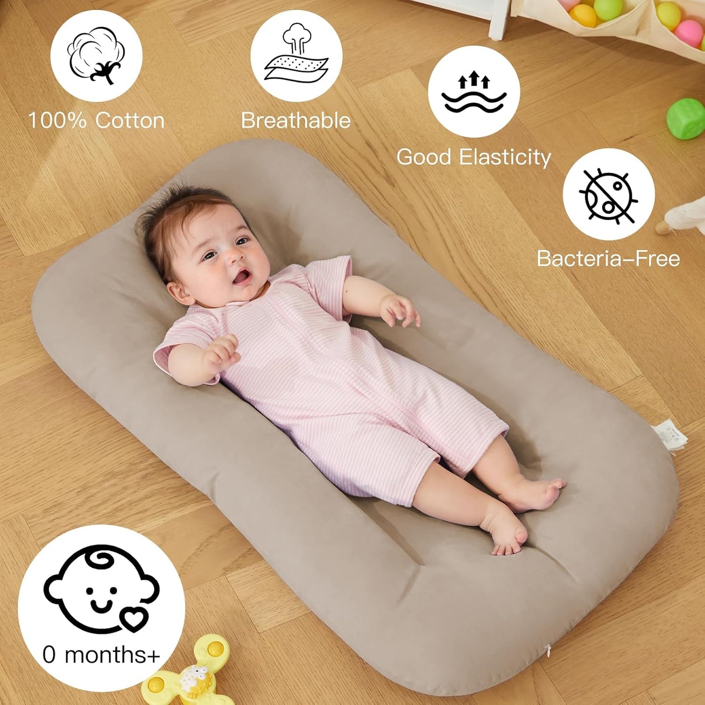 Baby Lounger - Bionic Design for Newborns | Soft Organic Cotton, Breathable, 0-18 Months (Cream Grey)