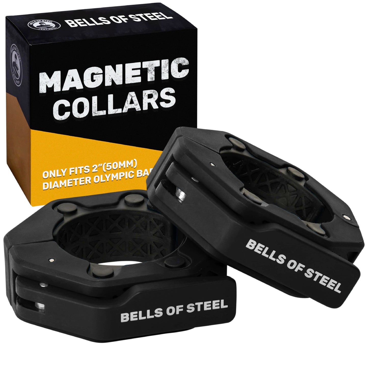 Magnetic Barbell Collars [Bells of Steel] Version 2.0 Premium Weight Bar Clamps, Quick Release Barbell Clips, Olympic Barbell Clamps, High-Strength Nylon Gym Clips, Pair, Black