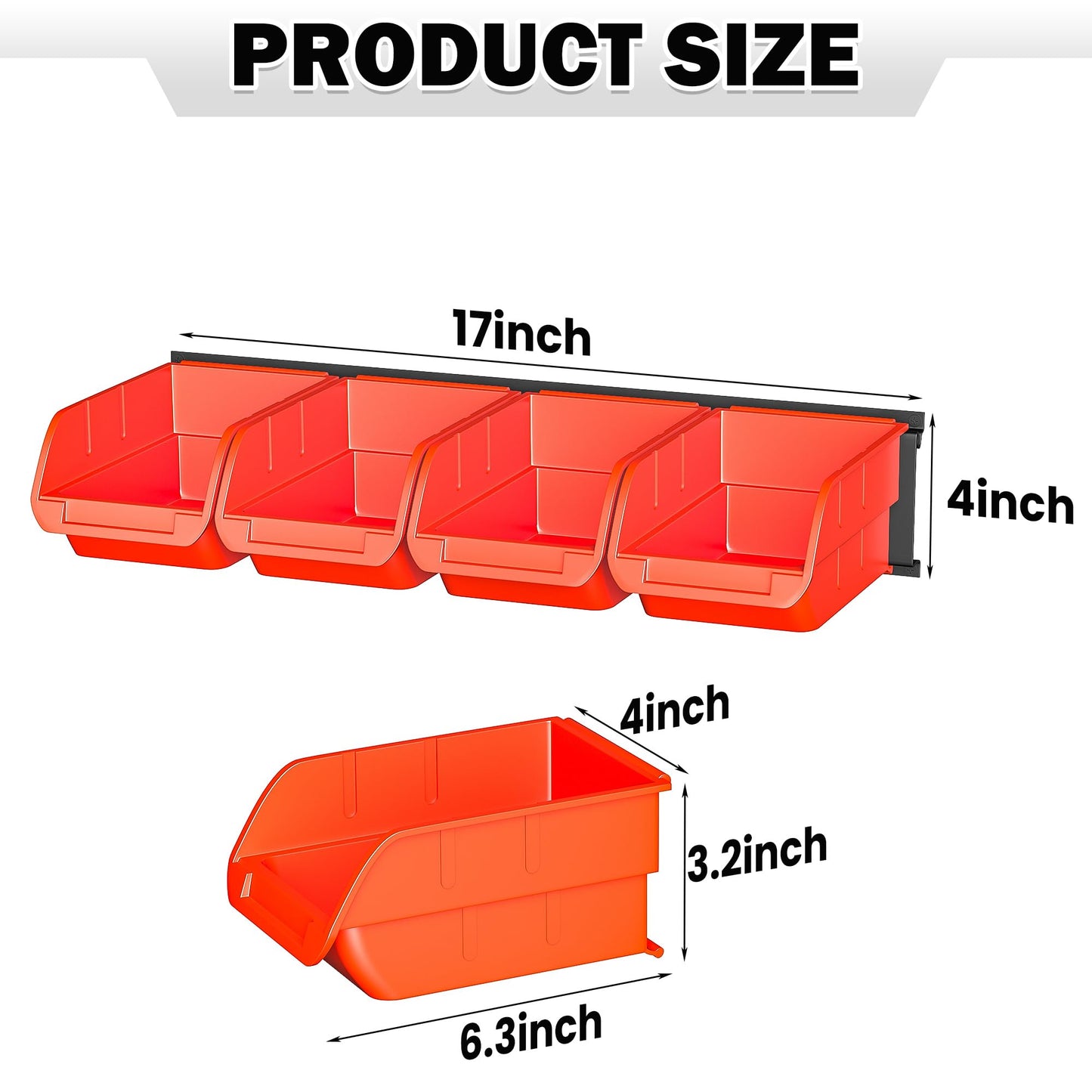 Ultrawall Wall Mounted Storage Bins, Plastic Hanging Storage Organizer Bins, Garage Tool Storage System for Screws, Nuts, Bolts, Nails, and Small Hardware Parts, 16x bins & 4 x rails, Orange