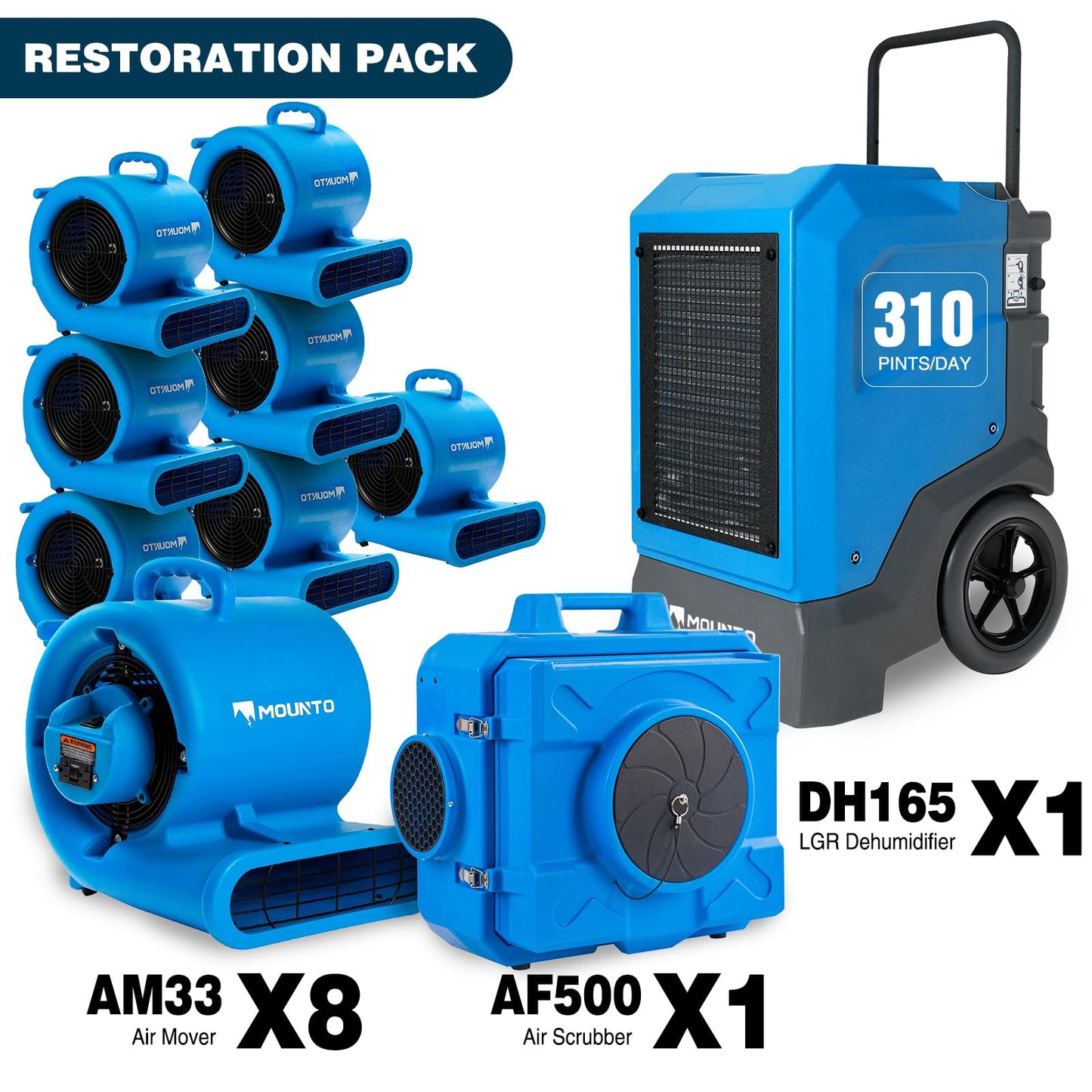 MOUNTO Pro Restoration Bundle – 8× AM33 Air Movers, 1× DH165 Industrial LGR Dehumidifier, 1× HEPA 500 Air Scrubber – Complete Drying & Air Filtration Package