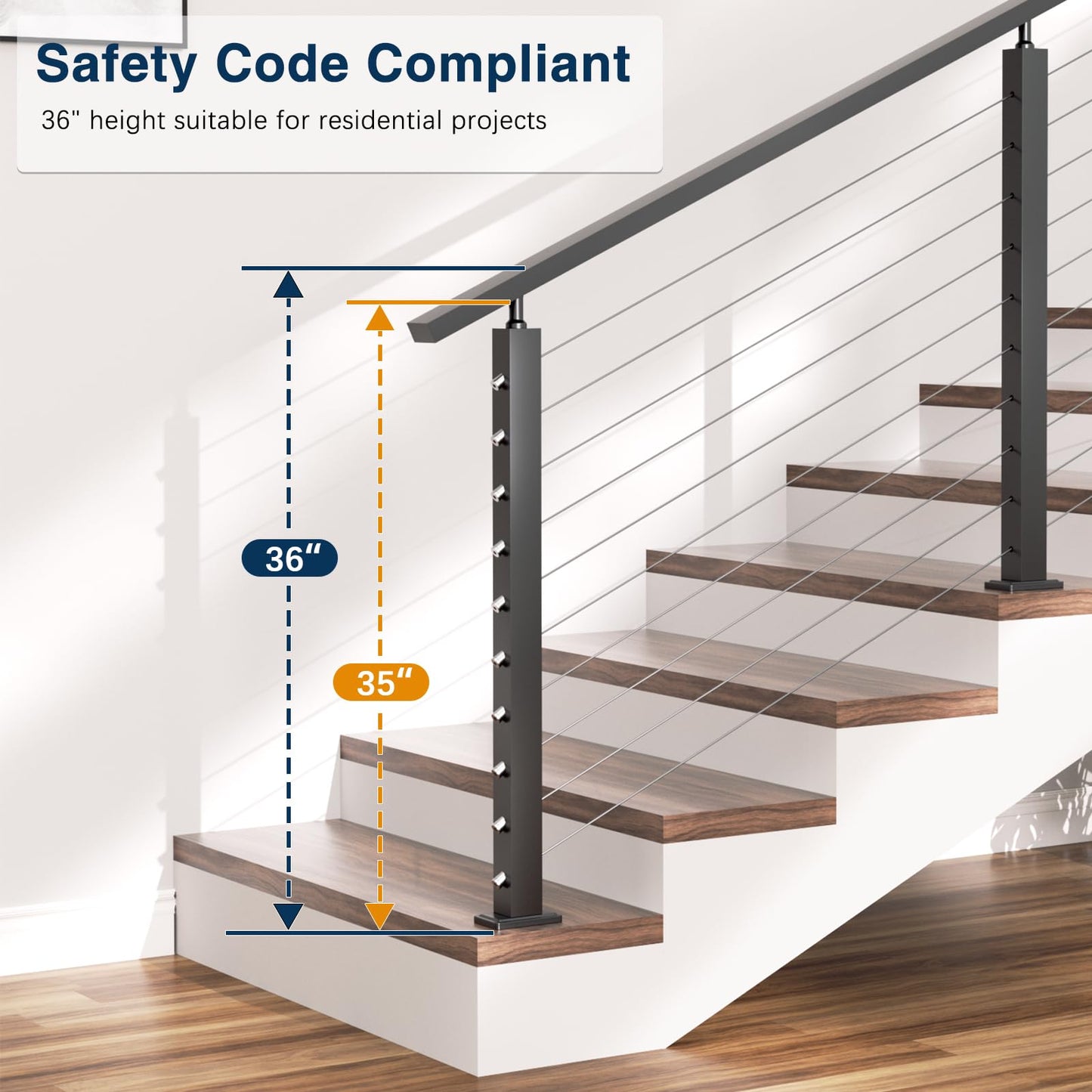 Gyykzz 2 Pack 36" Stair Cable Railing Post for 28-38 Degrees Stairway, Matte Black Surface Mount Deck Staircase Post System, Heavy-Duty Stainless Steel T304 Wire Railing Post for Stairs Indoor Outdoor