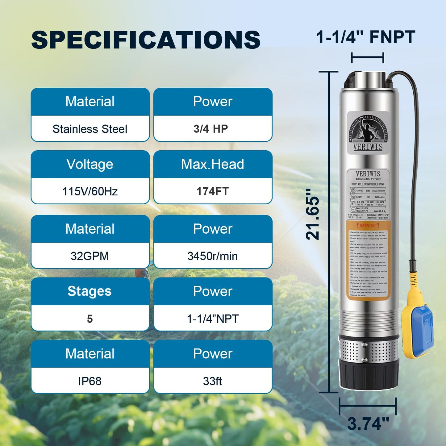 VERIWIS 3/4HP Submersible Septic Tank Pump 4" Stainless Steel Effluent Cistern Pump 32GPM 174FT Head with 33FT UL Cord and Float Switch 115V 60Hz for Home Deep Well, Irrigation, Drainage