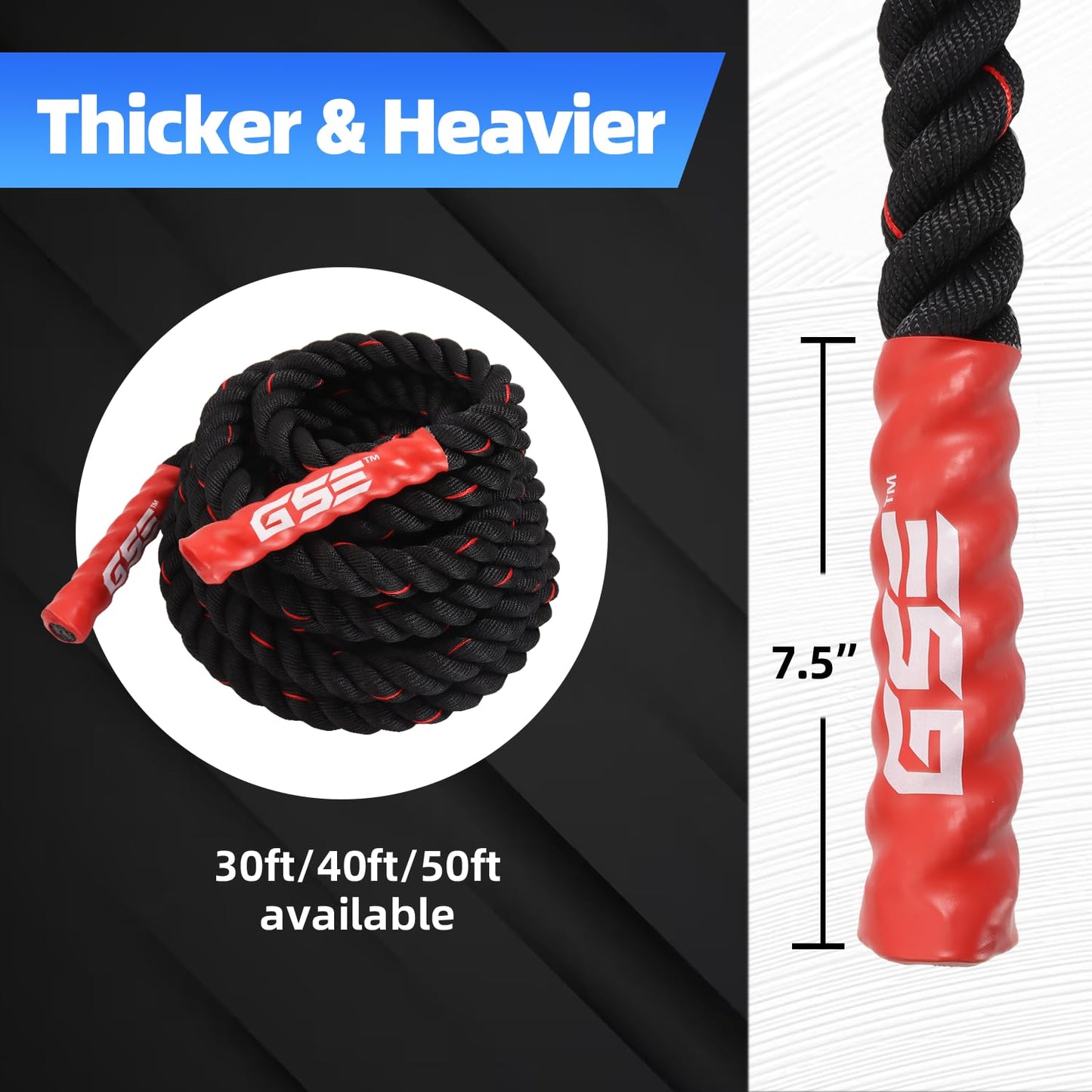 GSE Games & Sports Expert Gym Battle Rope, Heavy-Duty Workout Ropes for Indoor & Outdoor Workout, Exercise Rope for Strength Training - 30 Feet