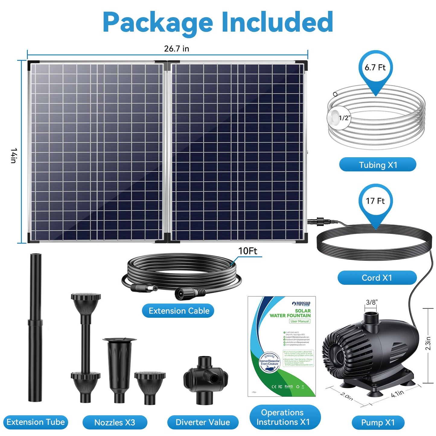 POPOSOAP 55W Solar Fountain Pump, 480GPH Solar Pond Pump with Dry-Run Protection, Solar Powered Water Pump with 17Ft Cord & 10Ft Extension Cable, PVC Tubing for Ponds, Garden, Waterfall, Hydroponics
