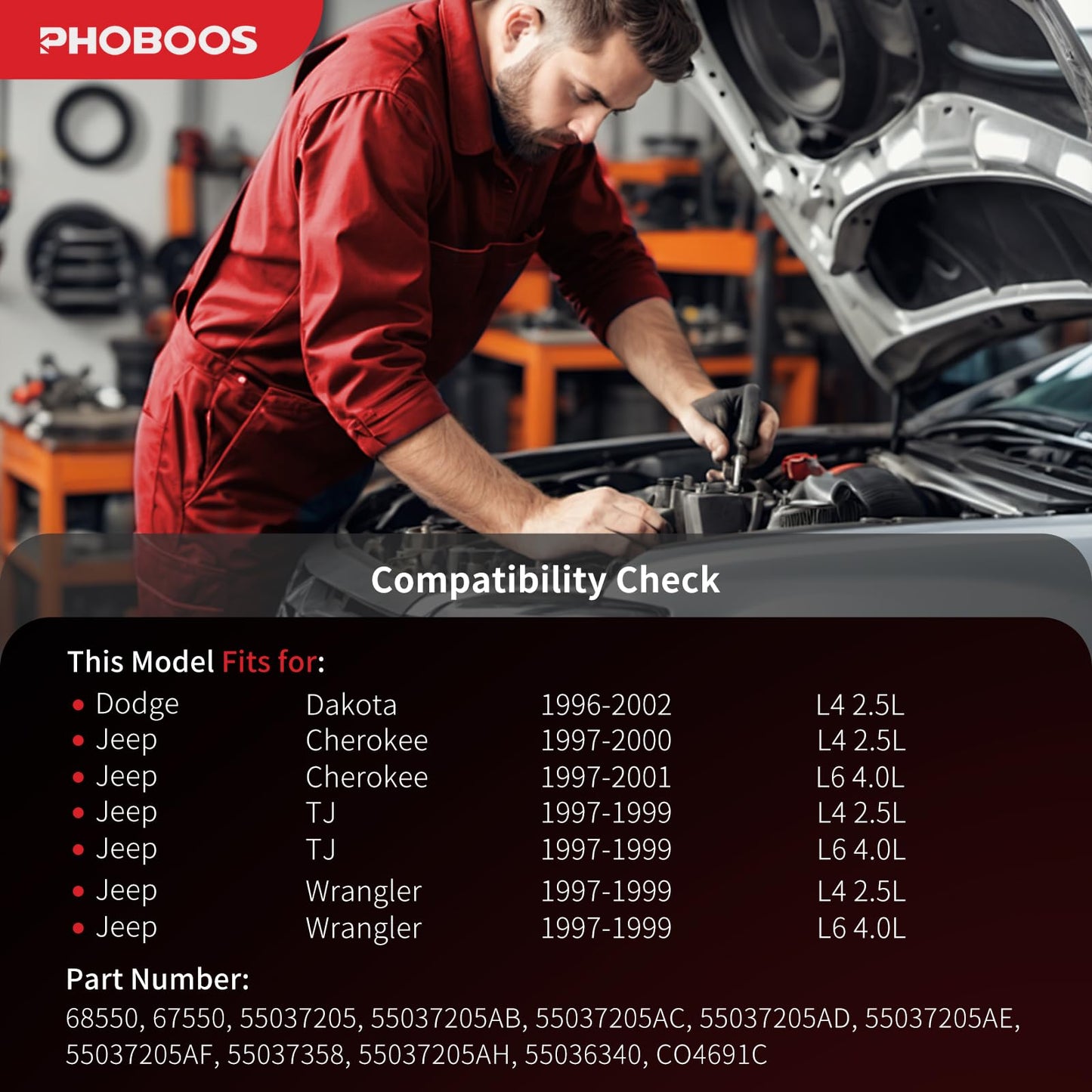 PHOBOOS A/C compressor with Clutch Compatible with Dodge Dakota 1996-2002, Jeep Cherokee 1997-2001, TJ 1997-1999, Wrangler 1997-1999, 2.5L 4.0L, For 1-Pin Connector Only (Not 2-Pin), Ref. 68550
