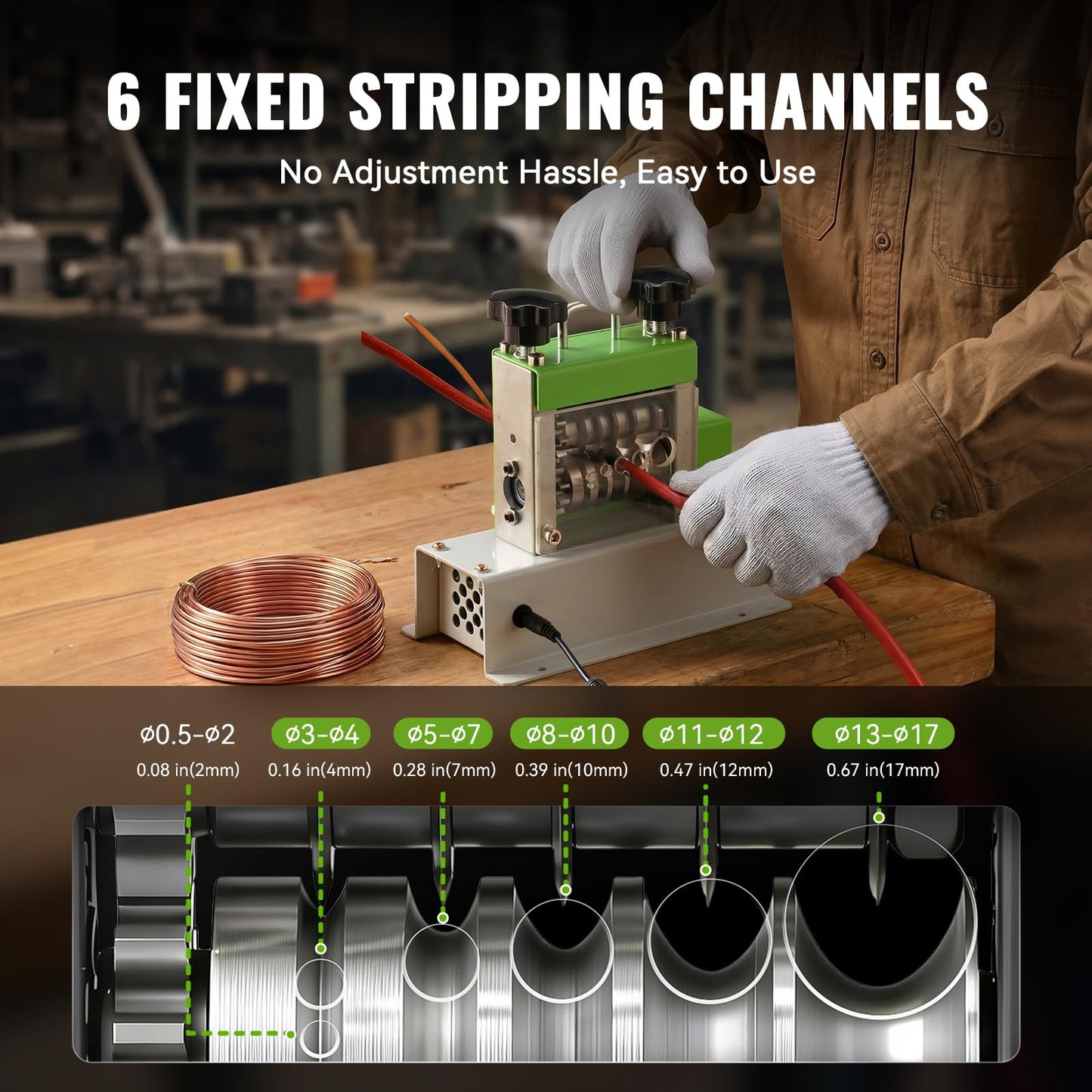 EASYWOX Electric Wire Stripping Machine, 0.06''-0.67'' Automatic Wire Stripper Machine with 6 Channels 5 Blades, Electric Cable Stripper Machine with 35 W All-Copper Motor for Leftover Cable Recycle