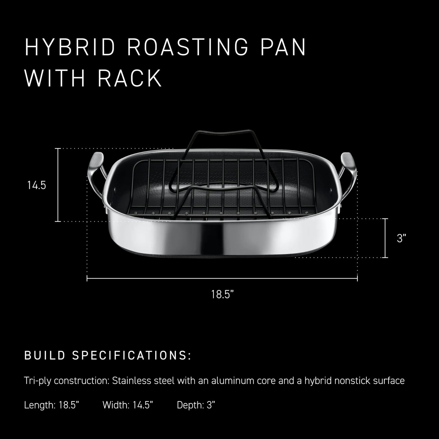 HexClad Hybrid 17 x 14 Inch Rectangular Nonstick Roasting Pan with Rack, Dishwasher-Friendly, Oven-Safe Up to 900°F, Compatible with All Cooktops