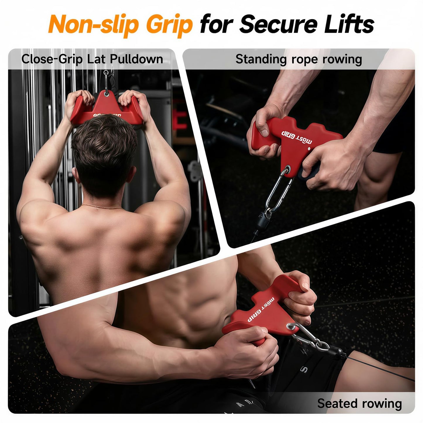 MOST GRIP Multi-Functional Cable Machine Attachment Set, Ergonomic LAT Pulldown Attachment for Whole Back Training, Cable Attachments for Gym Home Include Tricep Rope and 2 LAT Pull Down Bar (Red)