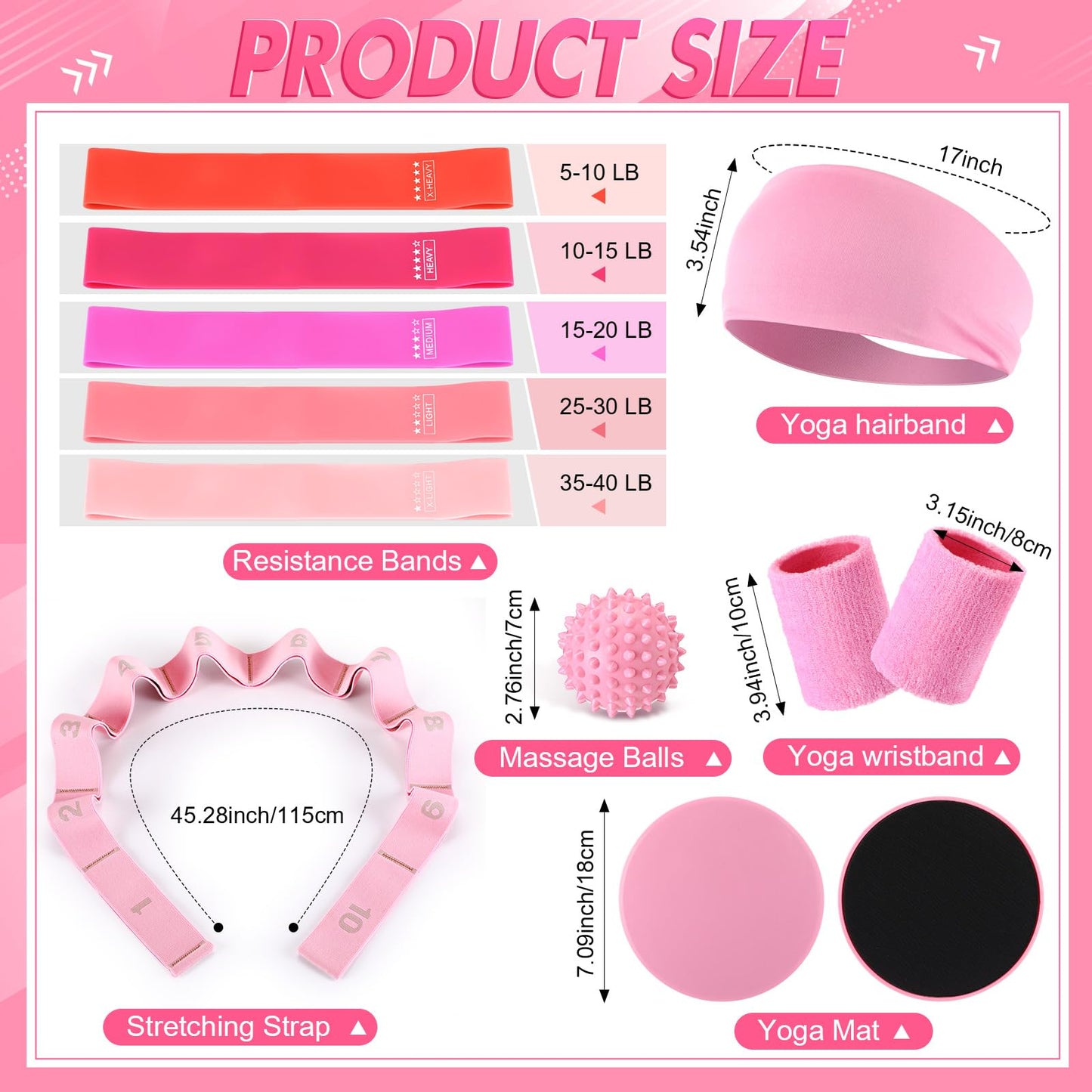Poen 18 Pcs Home Pilates Ball and Ring Circle Set Yoga Fitness Essentials Kit with 5 Resistance Band Stretching Strap Non Slip Sock Ball Core Slider Wristband Headband Gym Bag for Women(Pink)