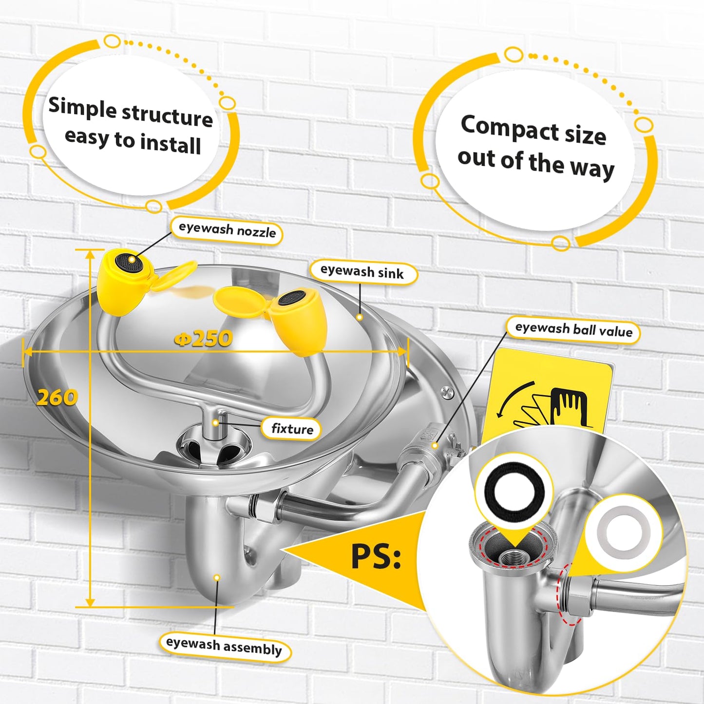 CGOLDENWALL Eye Wash Station Wall Mounted Eyewash Station Emergency Eye Face Washing Sink Plumbing Connection, NPT Thread, with Eyewash Sign, 304 Stainless Steel