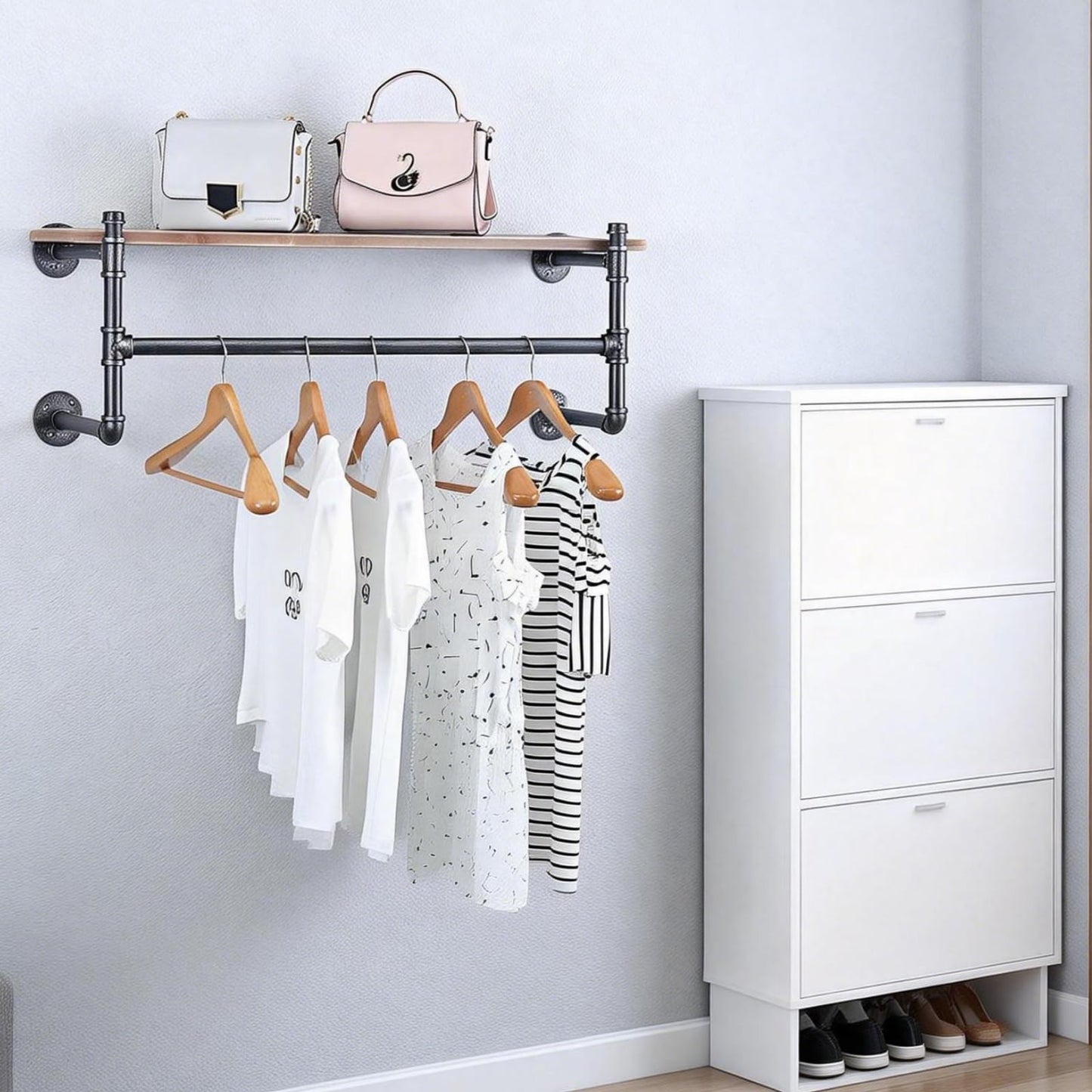 OLDRAINBOW Industrial Pipe Clothing Rack Wall Mounted with Real Wood Shelf,Pipe Shelving Floating Shelves Wall Shelf,36in Retail Clothes Racks Display Rack