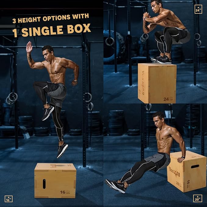 Yes4All Plyo Box, 3-in-1 Wooden Box Jumps for Home Gym (12/14/16?¯in), 450 lbs Boxes Step Up with Smooth Edges & Wide Built-in Handles for Jumping, Strength Training, Lunges, Squats, Dips