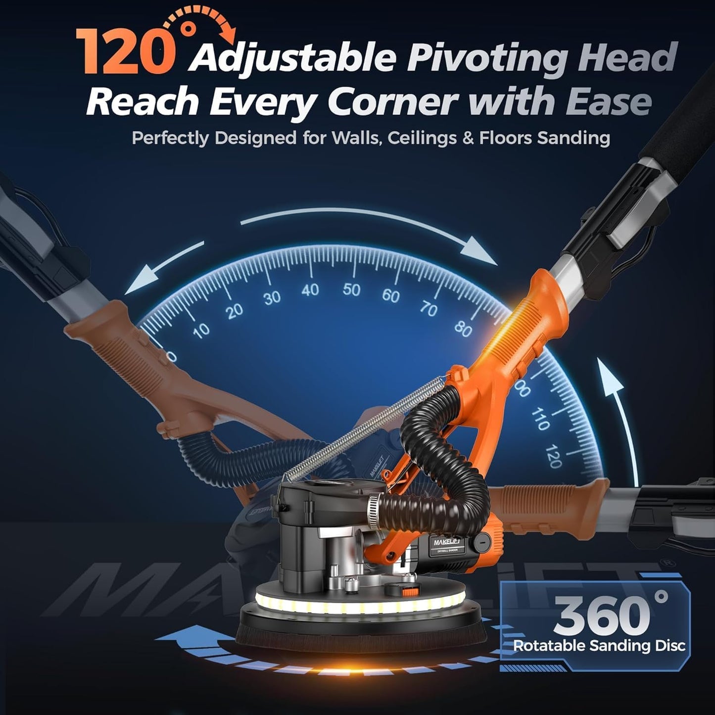 Drywall Sander with Vacuum Dust Collector, 1050W 7.33A Popcorn Ceiling Removal Tool, LED Light, 5 Variable Speed 1000-2100RPM, Foldable & Extendable Handle, 12 Sanding Discs