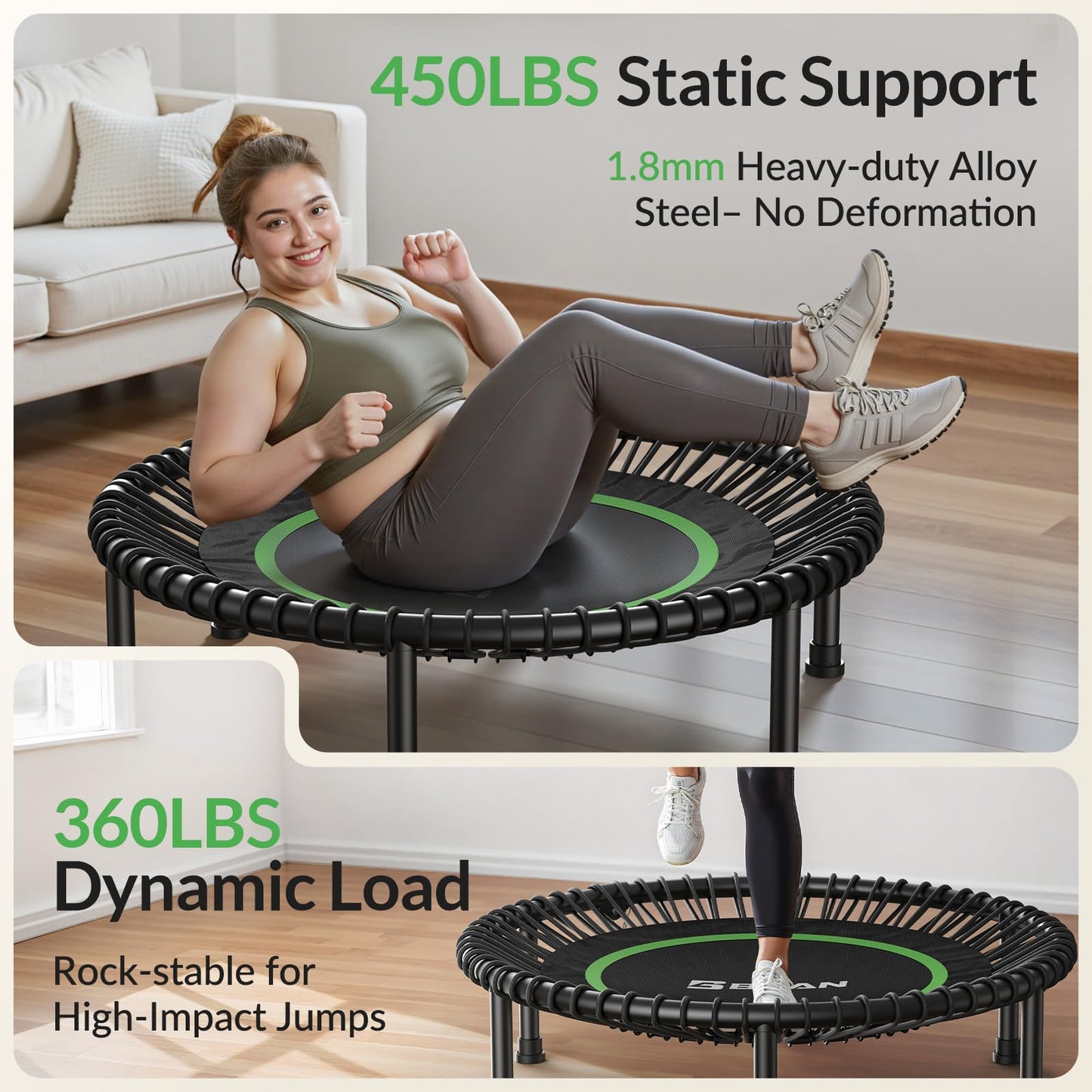 BCAN 40" Adult Fitness Trampoline with Durable Bungees, Stable & Quiet Exercise Rebounder,Great Mini Trampoline for Indoor/Garden Workout - Green