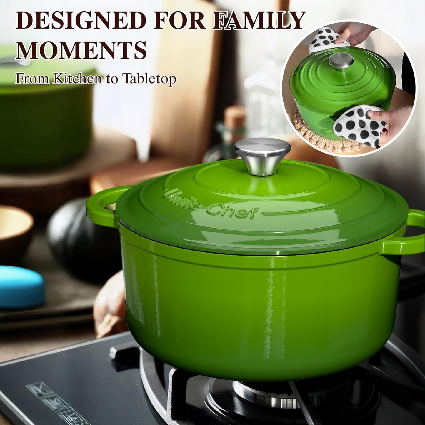 Umite Chef 5QT Enameled Cast Iron Dutch Oven - Heavy-Duty Cookware for Baking, Braising & Stews | Green