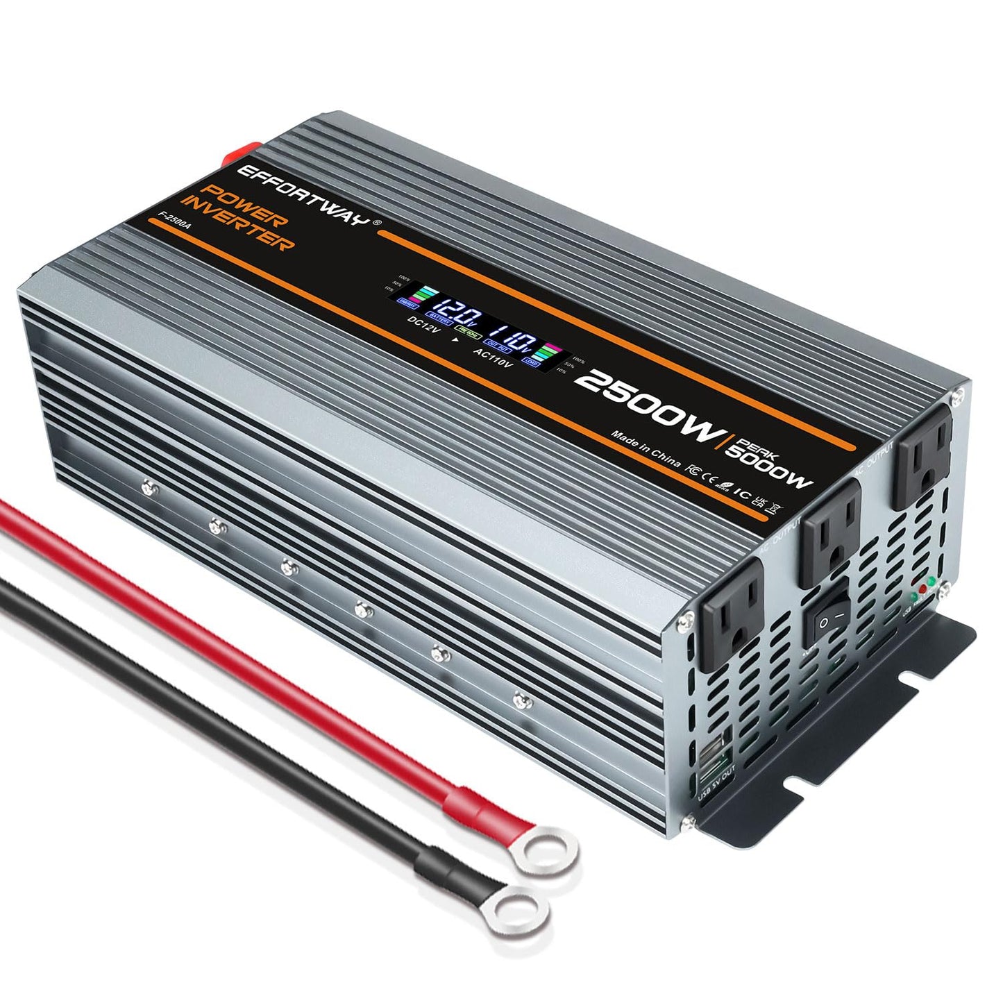 EFFORTWAY 2500W Power Inverter. 12V DC to 110V/120V AC Converter 5000W (Peak) with LCD Display, 3 AC outlets, 2 USB, 2500w Inverter for Camping RV Travel Outdoor Truck Off-Grid Solar inverters