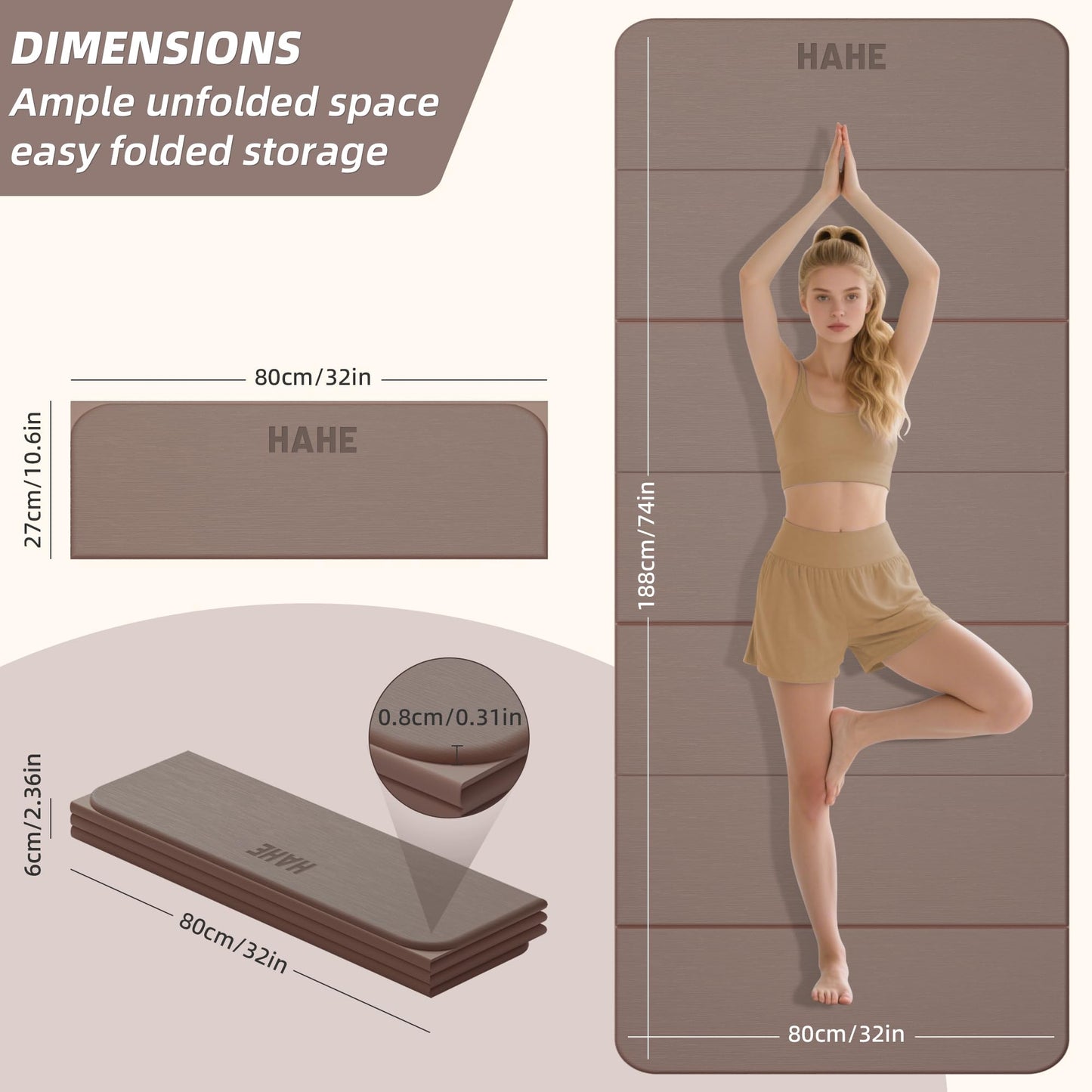 Foldable Yoga Mat,74"Lx32"Wx1/3"Thick,Folding Exercise Mat,Non-slip Wide Pilates Mats for Home Workout/Travel, Portable Yoga Mat Thick for Yoga/Pilates/Camping/Floor Exercises (Brown)