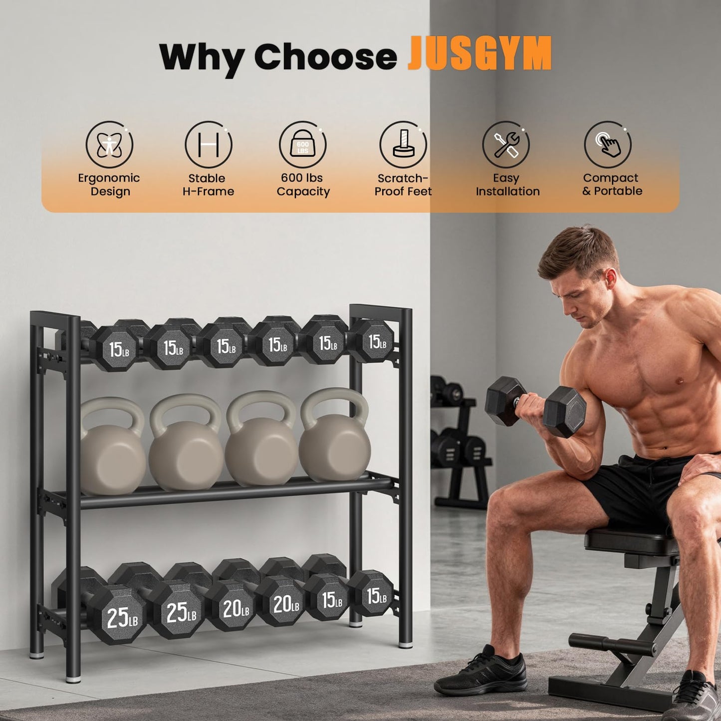 Upgraded Dumbbell Rack, 600LBS Heavy Duty Weight Rack for Home Gym, 3 Tier Weight Rack for Dumbbells & Kettlebells Organizer (Rack Only)