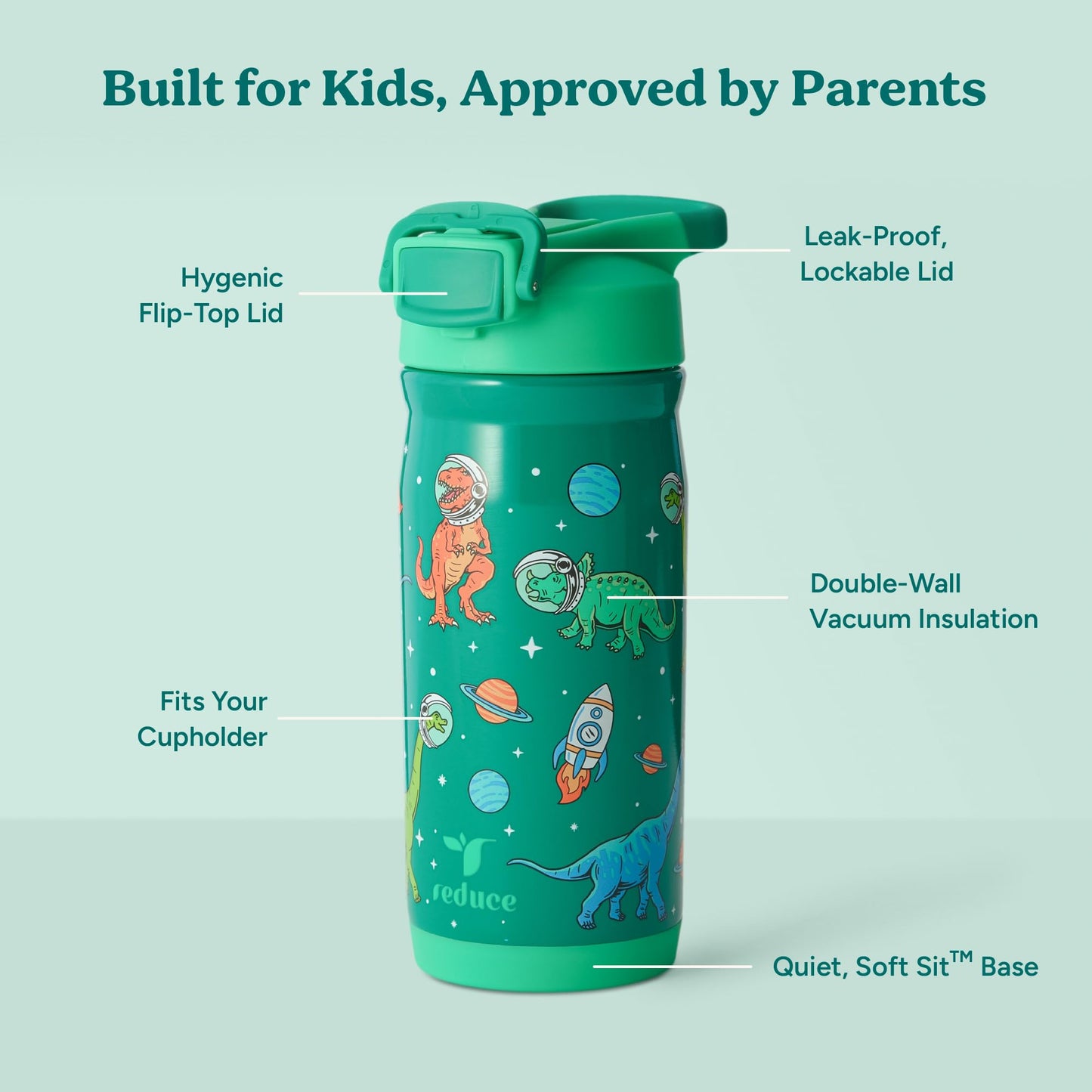 Reduce Hydrate Pro Kids 14oz Stainless Steel Insulated Water Bottle w/Straw – Spill Proof Tumbler for Kids – 30 Hour Cold Retention – Dishwasher Safe Leak-Proof Design - Jurassic Space